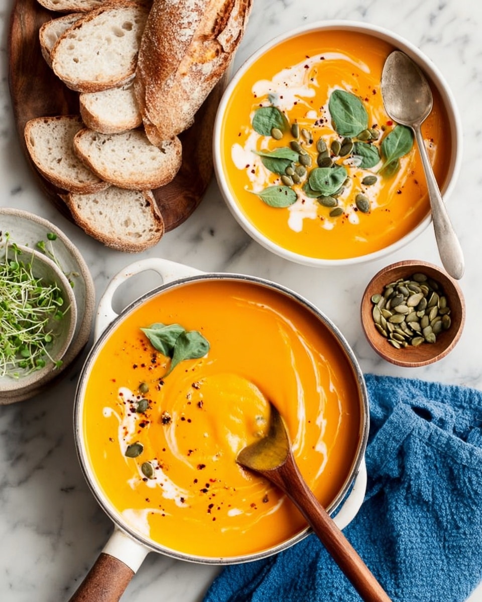 The image shows a white bowl and a white pan filled with smooth, bright orange pumpkin soup. The soup has light cream swirls on top, giving it a soft texture. In the bowl, there are green coriander leaves and pumpkin seeds scattered on the surface. The soup is sprinkled with black pepper bits. A wooden spoon is resting in the pan, lifting some soup. Next to the pan and bowl, there is a white dish filled with pumpkin seeds and a small wooden plate with fresh green sprouts. To the upper right, slices of crusty brown bread are placed beside a white and blue checked cloth. The whole scene is on a white marbled surface with two metal spoons near the bowl and pan. Photo taken with an iphone --ar 4:5 --v 7
