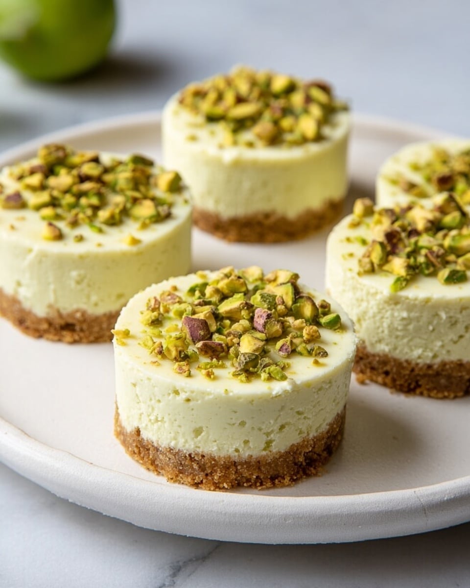 A small round dessert with two layers sits on a clear textured glass plate. The bottom layer is thick and light brown, with a crumbly texture, while the top layer is creamy and pale yellow. The top surface is sprinkled with chopped green and brown pistachio nuts. In the background, there is a white plate holding more of the same desserts, slightly out of focus, all set on a white marbled surface. A silver fork rests on the glass plate beside the dessert. photo taken with an iphone --ar 4:5 --v 7