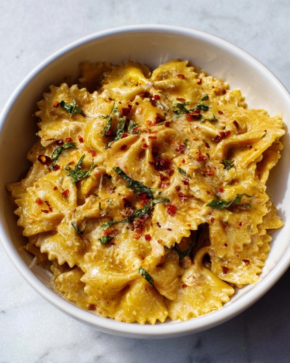A white bowl filled with creamy pasta made with bow-tie shapes, covered in a thick orange sauce with flecks of black pepper and red chili flakes on top. The pasta shows small bits of green spinach and pieces of red sun-dried tomatoes mixed throughout. The texture of the sauce looks smooth and rich, coating each pasta piece evenly. The bowl is placed on a white marbled surface with soft natural light shining on it, highlighting the colors and textures. Photo taken with an iphone --ar 4:5 --v 7