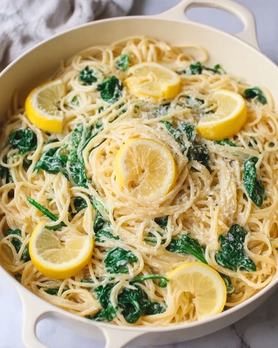 A white pan filled with creamy pasta in multiple layers: the base is light yellow spaghetti noodles, mixed with bright green spinach leaves spread evenly throughout. On top, there are thin, vibrant yellow lemon slices placed around the edges, adding a fresh look. The sauce is creamy and smooth, covering the pasta lightly with small specks of grated cheese scattered on the surface. The pan sits on a white marbled surface. photo taken with an iphone --ar 4:5 --v 7