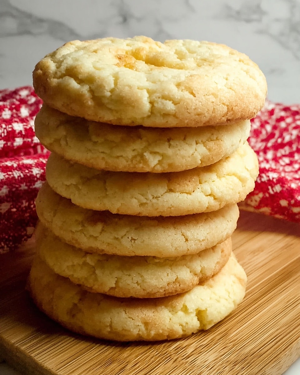 A stack of six round, golden-yellow cookies with a slightly cracked and soft texture is shown sitting on a wooden board. The cookies have a lightly browned edge and smooth yet slightly uneven tops that give them a fresh-baked look. The wooden board contrasts with a white marbled surface and a red and white checkered cloth partially visible in the background. The cookies are stacked neatly, one on top of the other, creating a simple and inviting display. photo taken with an iphone --ar 4:5 --v 7