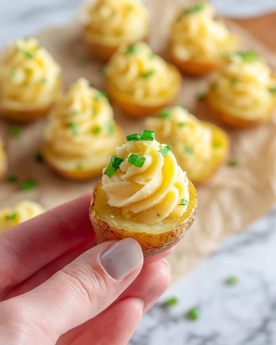 A close-up of a small halved potato filled with a light yellow, creamy mixture topped with small pieces of green chives, held by a woman's hand with light skin and neatly trimmed nails. The potato skin is light brown and the inside is pale yellow with a smooth texture. More stuffed potato halves with similar filling and chives are visible blurred in the background on a light surface. The background is a white marbled texture. Photo taken with an iphone --ar 4:5 --v 7