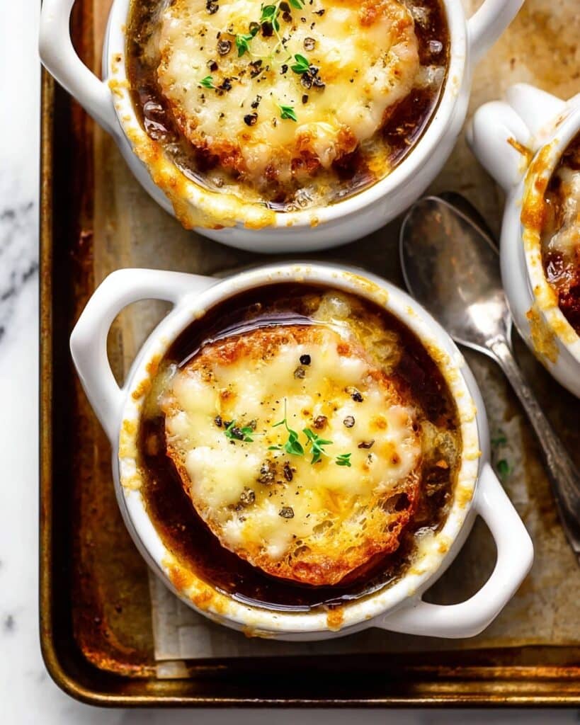 Easy French Onion Soup with Caramelized Onions, Homemade Croutons, and Melted Mozzarella Recipe