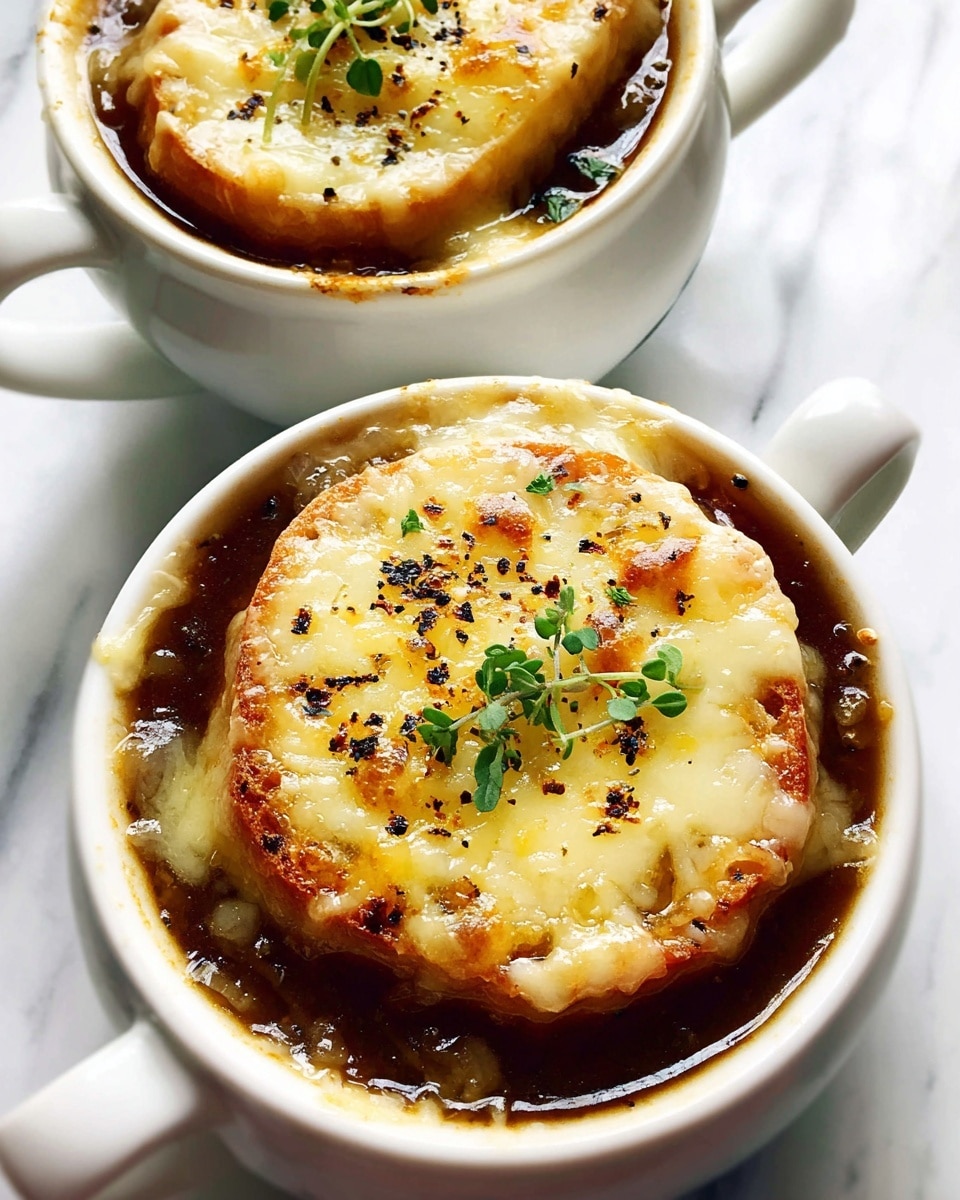Two white cups hold dark brown onion soup filled with small onion pieces, topped with a round golden brown toasted bread slice. The bread has a melted, slightly browned creamy cheese layer sprinkled with cracked black pepper and green thyme leaves, creating a rich texture contrast. The cups are placed on a white marbled surface, showing the soup's glossy liquid around the bread in the bowls. photo taken with an iphone --ar 4:5 --v 7