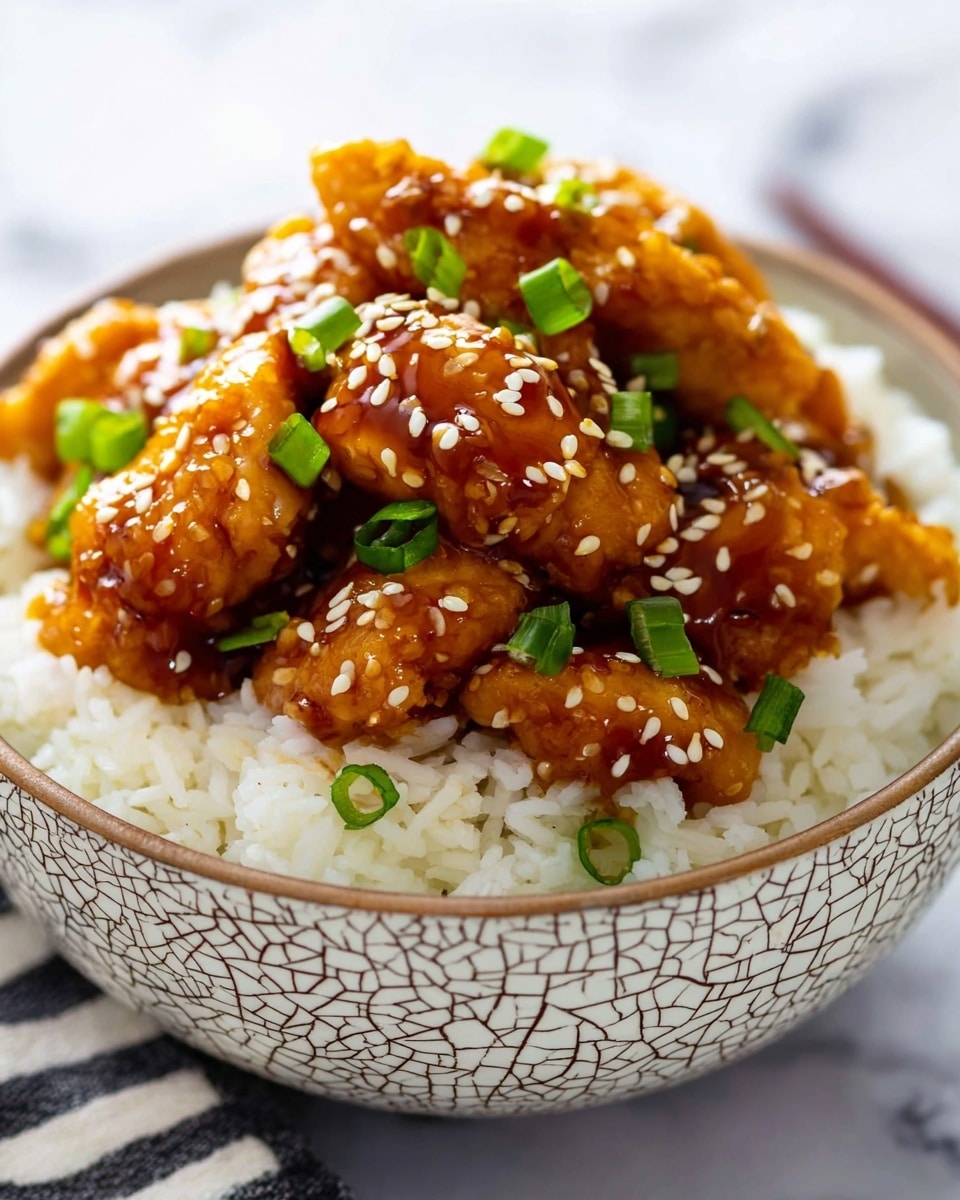 A white bowl filled with a base layer of fluffy white rice with distinct grains, topped by several pieces of glossy brown glazed chicken coated in a shiny sauce. The chicken pieces sit in a small mound in the center, sprinkled with white sesame seeds and small green chopped scallions scattered over the top. The bowl rests on a surface with a white marbled texture, and a pair of wooden chopsticks is blurred in the background. photo taken with an iphone --ar 4:5 --v 7