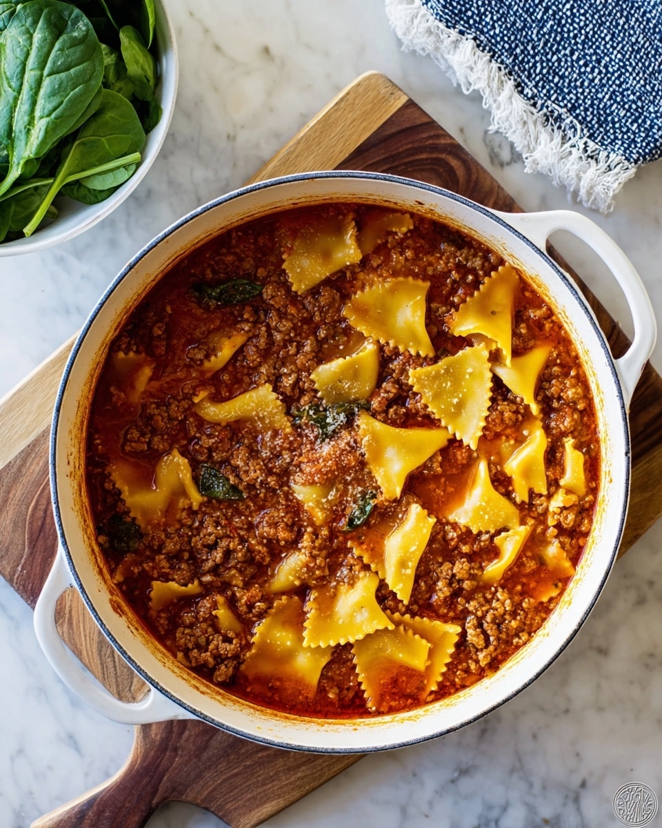 A white cooking pot filled with several layers of lasagna soup is shown from above, sitting on a round wooden board with a handle. The soup has broken yellow lasagna noodles floating on top mixed with brown cooked ground meat in a rich red tomato broth. The noodles have wavy edges and uneven shapes, some partially submerged in the liquid. To the top left, there is a small white bowl filled with fresh green basil leaves on a white marbled surface. A gray and white textured cloth is seen to the upper right side. The scene is bright and clear with natural light. photo taken with an iphone --ar 4:5 --v 7
