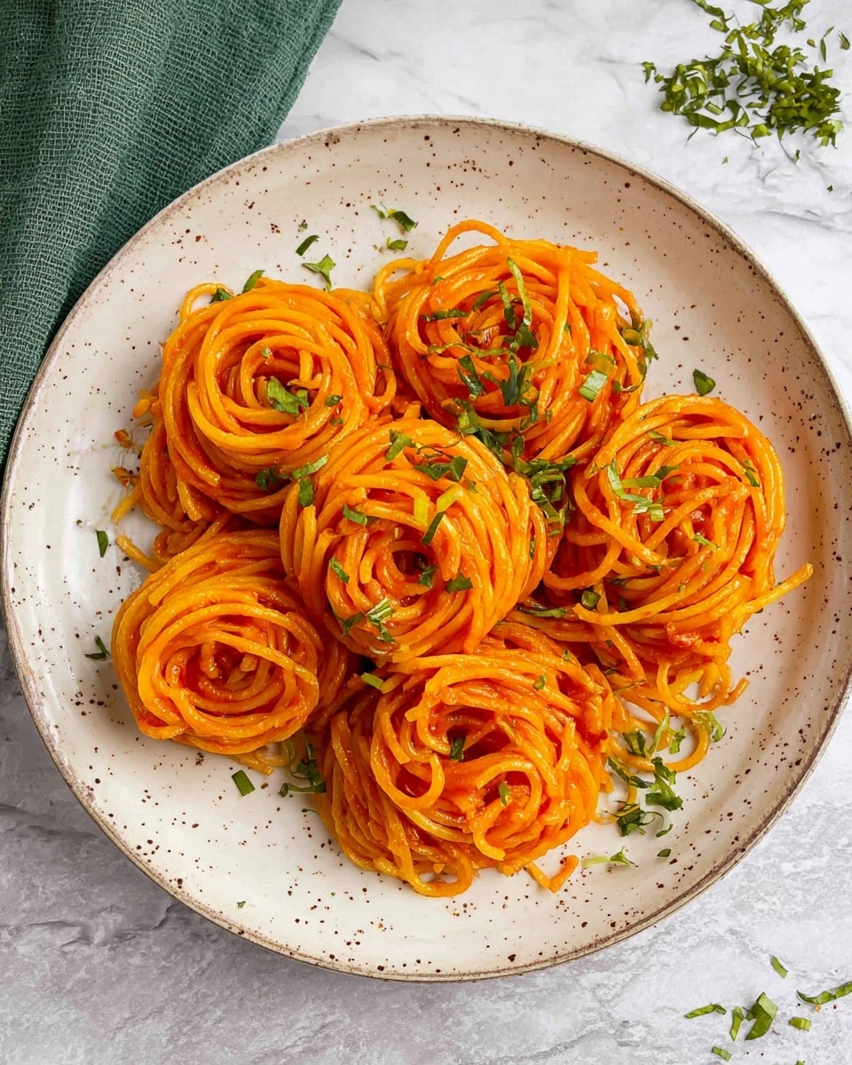 A white plate holds seven small nests of spaghetti coated in a smooth, bright orange-red sauce evenly covering the pasta strands. The spaghetti nests are arranged closely together, topped with small green herb pieces scattered lightly over and around the pasta. The plate is placed on a white marbled textured surface with some green herbs sprinkled nearby, and a wrinkled olive green cloth partially visible to the top left side of the frame. photo taken with an iphone --ar 4:5 --v 7