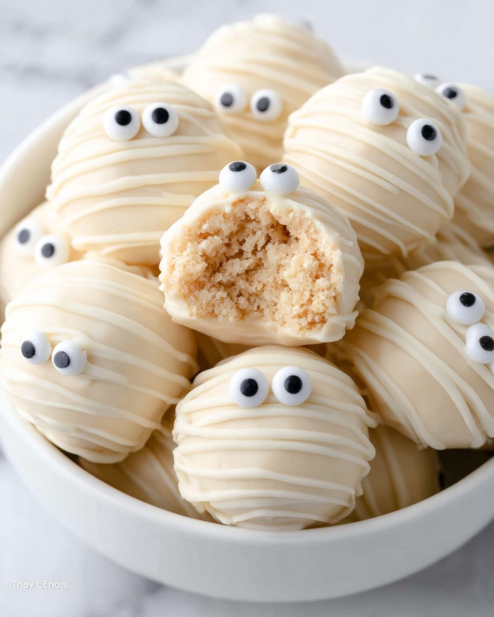 A close-up of multiple round treats covered in smooth white chocolate with thin white chocolate drizzles all over them, making a textured outer layer. Each treat has two candy eyes with white circles and black dots placed near the top, giving a playful look. One treat is partially bitten, showing a light tan, soft, and crumbly inside texture. The treats are placed in a white bowl, with a white marbled surface visible in the background. photo taken with an iphone --ar 4:5 --v 7