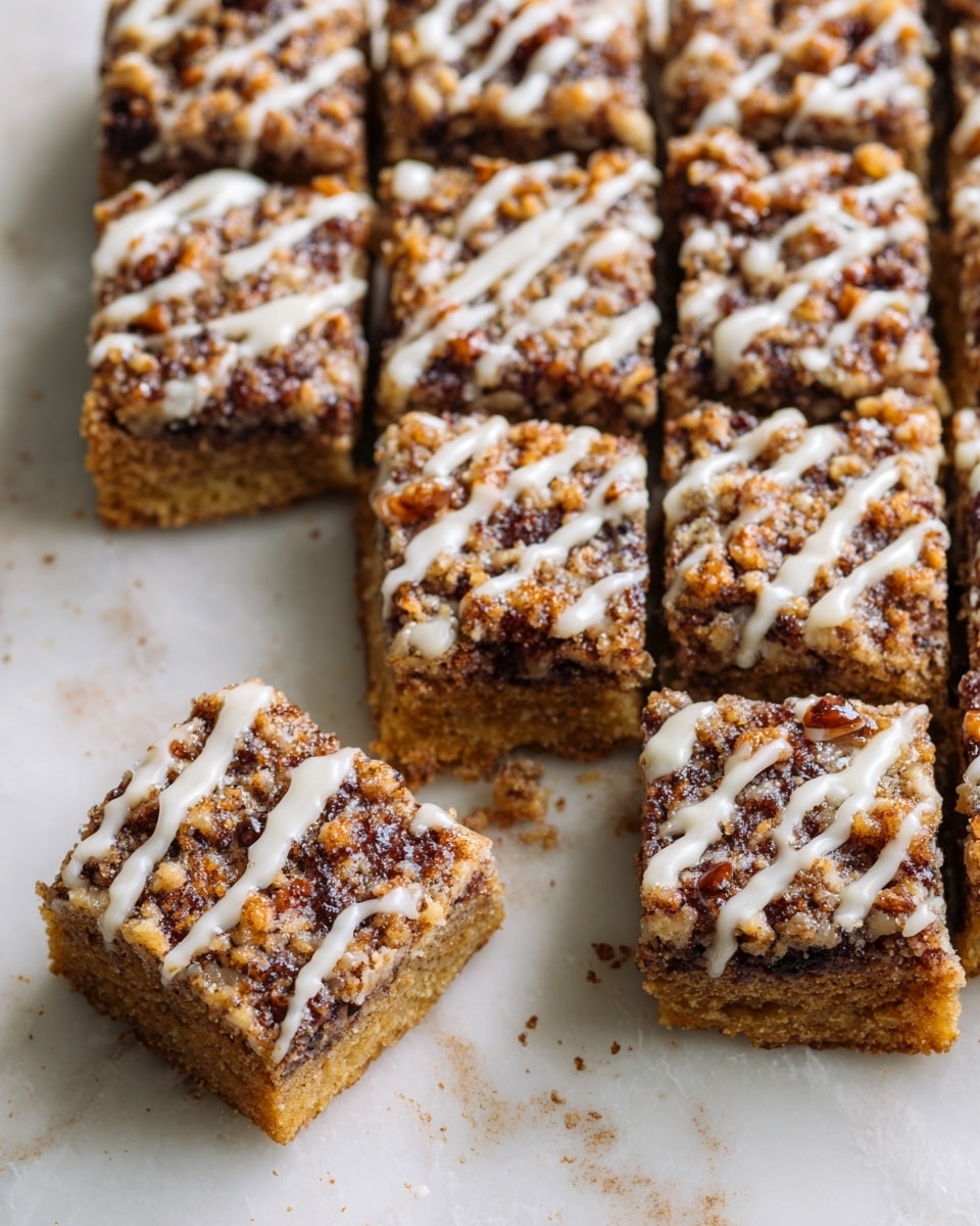 The image shows a group of square dessert bars arranged closely together on white parchment paper over a white marbled surface. Each bar has three main layers: the bottom layer is a soft, golden-brown cake base, the middle layer is a thick, dark brown crumbly topping mixed with small pieces of nuts, and the top layer is a thin drizzle of white icing spread unevenly across the bars. The texture of the crumbly topping is rough and nutty, while the icing on top adds a smooth contrast. Two square bars are separated from the main group, one is placed near the bottom right and the other slightly above it. photo taken with an iphone --ar 4:5 --v 7