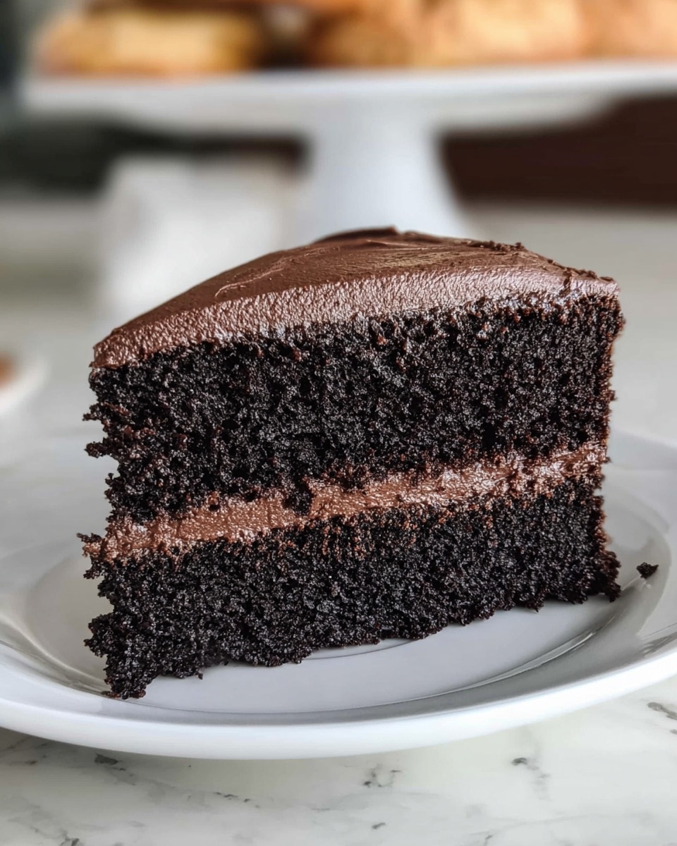 A slice of chocolate cake with two thick dark brown layers of moist cake is shown on a white plate. Between the two cake layers is a smooth, creamy layer of chocolate frosting. The top is covered with a thick and shiny layer of chocolate frosting that looks soft and rich. The background has a white marbled texture with some blurred baked cookies in the distance. photo taken with an iphone --ar 4:5 --v 7