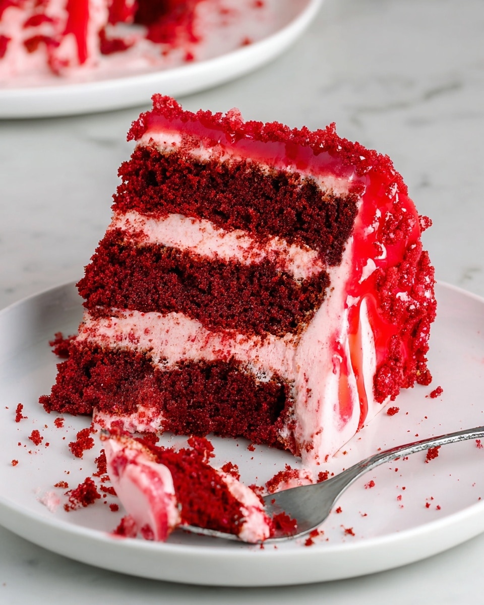 A slice of red velvet cake with three thick red cake layers, each separated by thick white cream layers. The outer side of the slice is coated with a smooth white cream and a thin shiny red glaze drips down the side. Loose red crumbs are scattered around the slice on a plain white plate placed on a white marbled surface. A fork holding a small piece of the cake with visible red crumbs and white cream is near the slice. photo taken with an iphone --ar 4:5 --v 7