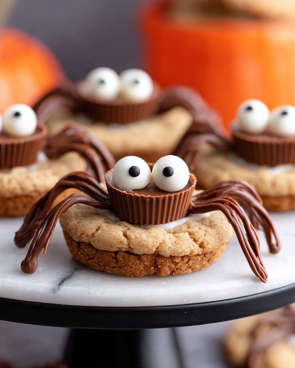 The image shows four cookies arranged on a black stand, each with three main layers giving a spider look. The bottom layer is a round pale golden cookie with a soft texture. On top of this cookie sits a brown peanut butter cup, which forms the spider's body, placed in the center. Around the peanut butter cup, dark brown chocolate is piped in curved lines to form eight legs, four on each side. At the front of the peanut butter cup, two white candy eyes with black dots are placed close together, creating a cute spider face. The surface under the stand has a white marbled texture, with an out-of-focus orange object in the background. photo taken with an iphone --ar 4:5 --v 7