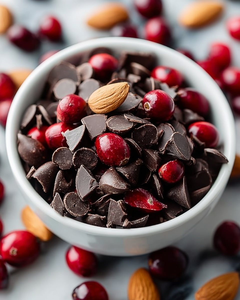 A close-up view of a white bowl filled with a mix of shiny red cranberries, smooth dark brown chocolate chips, and a few whole light brown almonds. The cranberries are scattered evenly and have a glossy surface, while the chocolate chips vary in shape with some flat and some triangular pieces, all with a matte finish. The whole almonds peek out from the mix, adding a rougher texture and lighter tone. The background shows a white marbled surface with a slight blur, highlighting the bright colors and details of the bowl’s contents. photo taken with an iphone --ar 4:5 --v 7