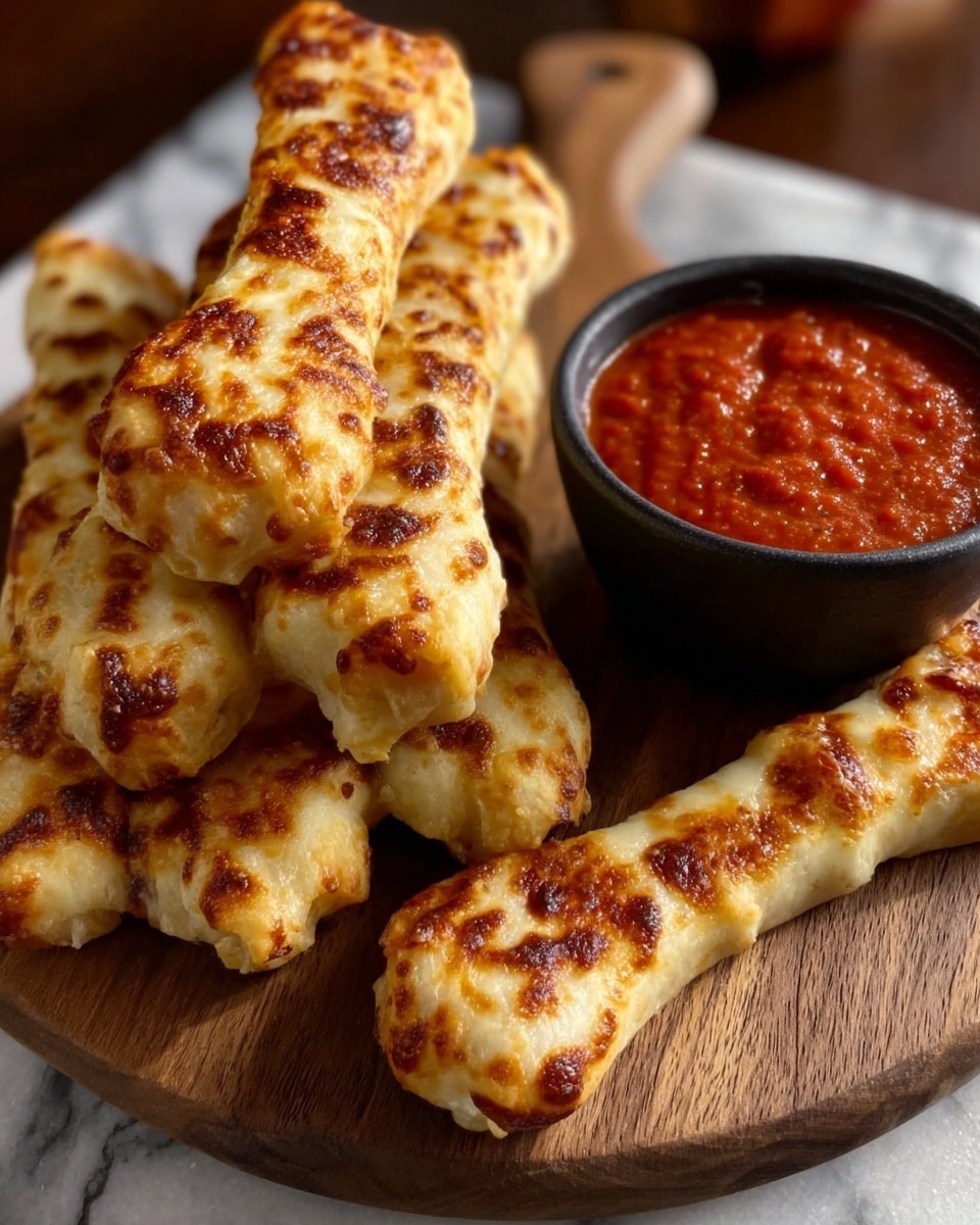 The image shows a white wooden board holding about eight golden-brown cheese sticks shaped like bones, each with a bubbly, crispy cheese topping that is slightly browned in patches. The cheese sticks are stacked unevenly, with some leaning on each other. On the right side of the board is a small black bowl filled with bright red marinara sauce, having a thick and chunky texture. The background features a white marbled surface with soft lighting casting light shadows around the board. photo taken with an iphone --ar 4:5 --v 7