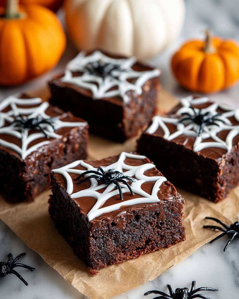 Four square chocolate brownies sit on a piece of crumpled brown paper against a white marbled texture. Each brownie has two layers: a thick, dark brown chocolate base with a moist texture, and a smooth dark chocolate top layer decorated with a spider web pattern made of white icing. In the center of each spider web, a small black plastic spider toy is placed. Around the brownies, there are small orange pumpkins and additional black plastic spiders blurred in the background, creating a Halloween theme. Photo taken with an iphone --ar 4:5 --v 7