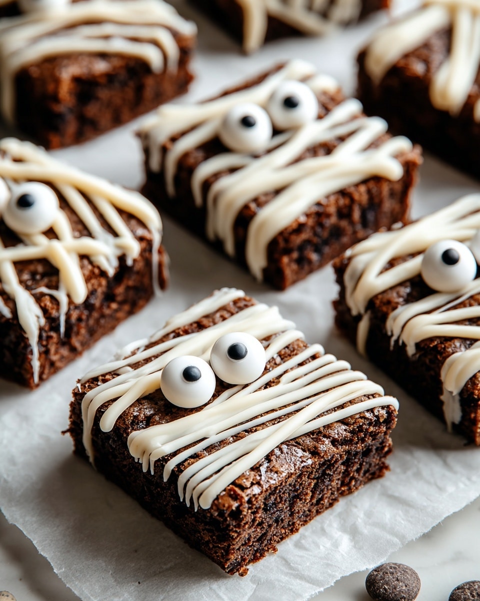 The image shows several square chocolate brownies with a rich, dark brown texture, each decorated like little mummies. Each brownie has two large candy eyes with white and black colors on top near one edge. White icing is drizzled randomly over the top and sides, creating thin, uneven lines like mummy wrappings. The brownies are placed on cream-colored parchment paper on a white marbled surface. One brownie is in clear focus in the front center, with others slightly blurred in the background. The scene is bright and crisp, showing the detailed texture of the brownies and icing. Photo taken with an iphone --ar 4:5 --v 7