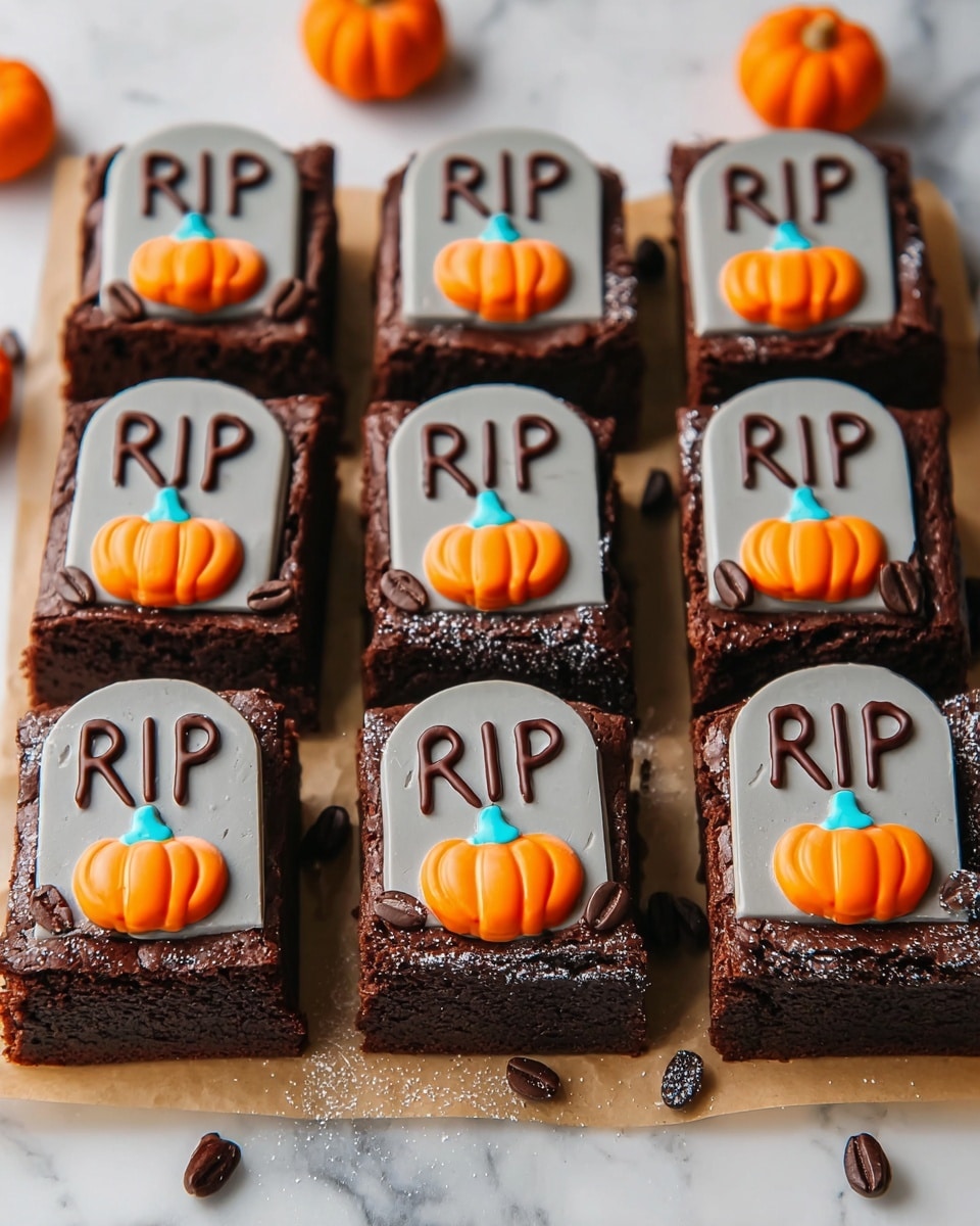 A grid of twelve square chocolate brownies is shown on a piece of brown parchment paper over a white marbled surface. Each brownie has three visible layers: a rich, dark chocolate base, a smooth, light beige tombstone-shaped icing layer on top with