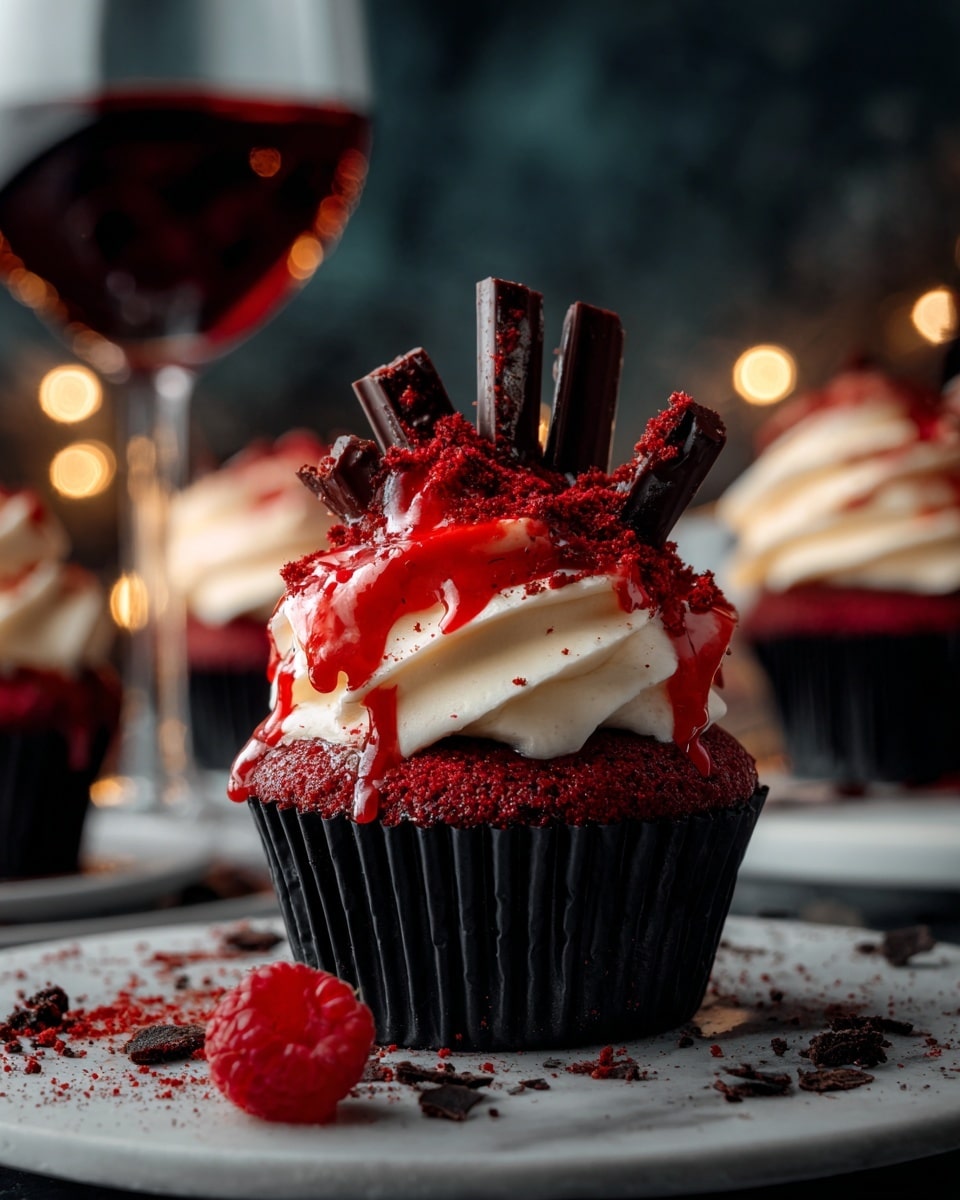 A close-up of a dark chocolate cupcake wrapped in black liner sits on a dark round plate on a white marbled surface. The cupcake has two thick swirls of creamy off-white frosting on top, with red crumbs sprinkled on the frosting and around the base. In the center of the frosting is a bright red sauce dripping down the sides, with more sauce pooled on the plate. Thin chocolate sticks are poking through the frosting, around the sauce. Next to the cupcake is a fresh raspberry. In the blurred background, there are other similar cupcakes and a glass with a dark red drink. photo taken with an iphone --ar 4:5 --v 7
