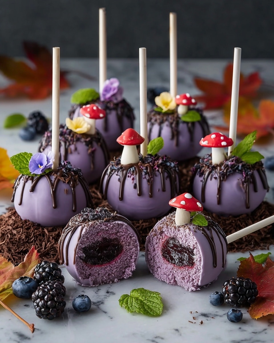 The image shows a group of eight small round purple desserts on white sticks and one on a wooden stick, all placed on a bed of dark chocolate shavings on a white marbled surface. Each dessert has three layers visible: a smooth purple outer layer, a lighter purple creamy middle layer, and a dark red jam center, visible in two of the desserts that have been sliced open. Thin, dark chocolate lines are drizzled over the top of each dessert. Some desserts are decorated with small colorful edible flowers in yellow, purple, and red, and tiny green leaves. Two desserts have tiny red and white mushroom shapes on top. Blackberries, blueberries, green leaves, and autumn-colored dry leaves are scattered around the desserts, creating a rich and natural setting. Photo taken with an iphone --ar 4:5 --v 7