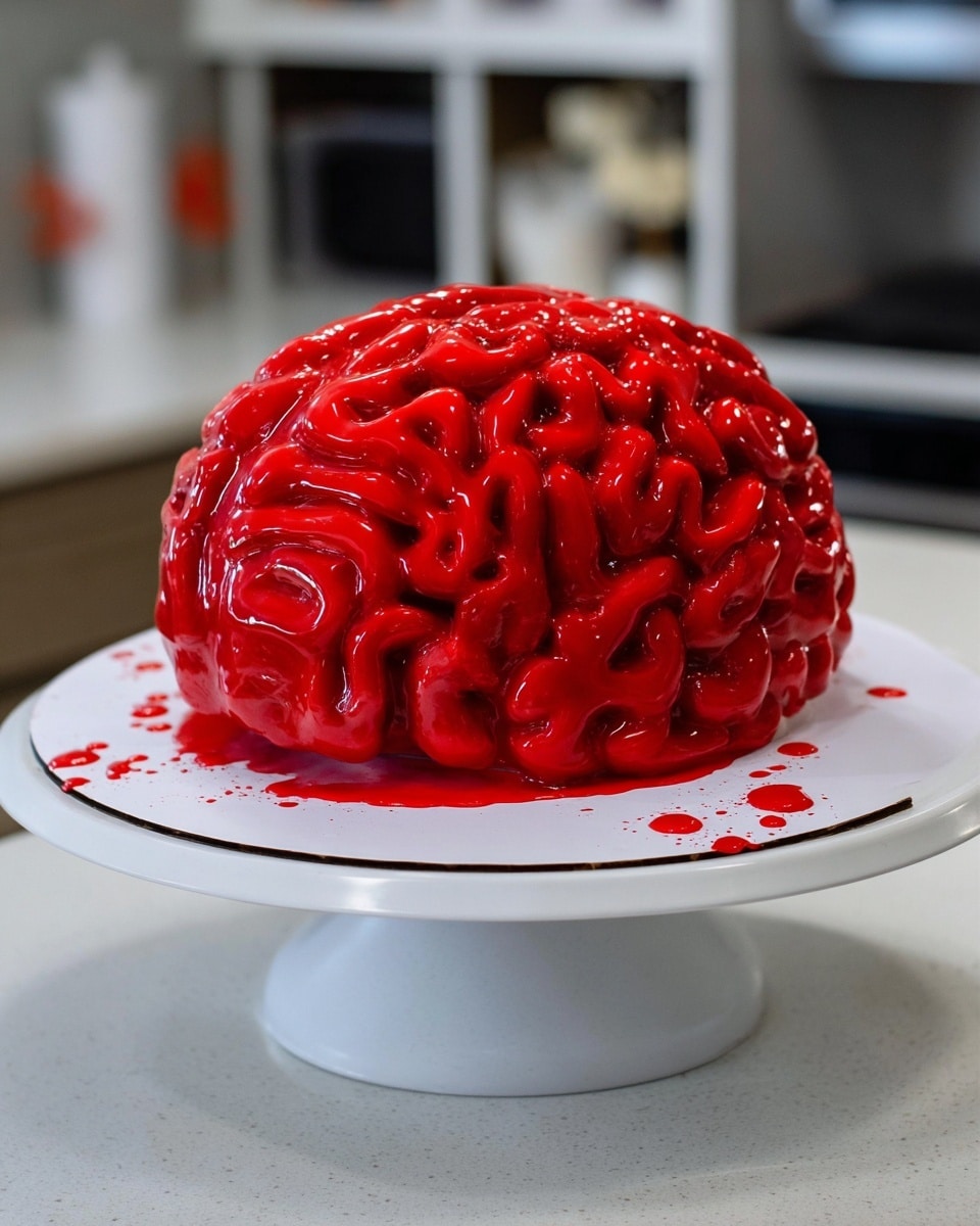 The image shows a brain-shaped dessert placed on a white plate with a white marbled surface underneath. The brain has many folds and layers that look rounded and smooth, all covered in shiny, bright red sauce that drips slightly onto the plate. A woman's hand is holding a blue brush, applying more of the red sauce over the top, making the dessert look wet and glossy. The overall look is vivid with a strong contrast between the red dessert and white background. photo taken with an iphone --ar 4:5 --v 7
