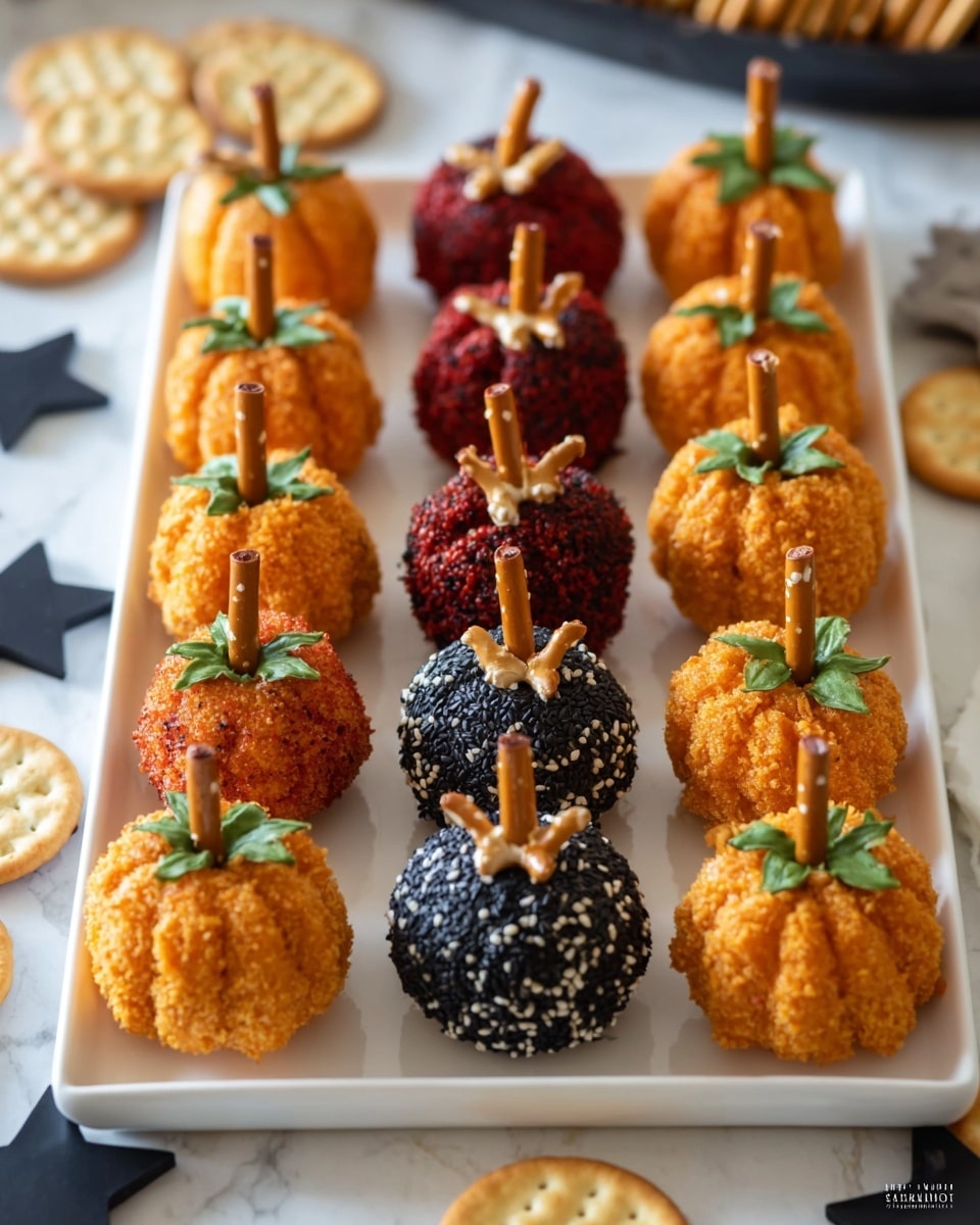 A white rectangular tray holds fifteen small pumpkin-shaped cheese balls arranged in five rows and three columns. There are three different types of cheese balls: one covered in bright orange crumbs with a rough texture, one coated in dark black sesame seeds mixed with white sesame seeds creating a speckled pattern, and one covered in deep red powder with a smooth surface. Each cheese ball has six segments created by pressed indentations and a small pretzel stick in the center acting as a pumpkin stem. Some cheese balls have a small green parsley leaf attached to the base of the pretzel stick. The tray is set on a white marbled surface scattered with round plain crackers. Photo taken with an iphone --ar 4:5 --v 7