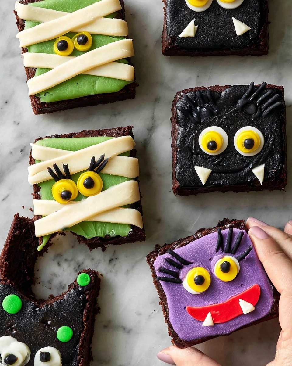 A white tray holds seven square Halloween cookies decorated with colorful icing to look like spooky characters, arranged in two rows of three with one extra at the bottom right. The cookies feature layers of bright green, purple, black, cream, and yellow frosting. Two green mummy cookies have cream icing strips crossed on top with yellow and black eyes peeking through. Two purple spider cookies have green icing dots on top and black licorice legs extending from the sides. Two vampire cookies have black icing hair, cream faces with large yellow eyes, black smiles, and small red fangs, one of which has a bite taken out of the bottom right corner. One green Frankenstein cookie shows a tired yellow-eyed face with black hair and stitches. Two woman’s hands are seen holding the bitten mummy cookie from the top left and the bitten vampire cookie from the bottom right. The surface beneath the tray is a white marbled texture photo taken with an iphone --ar 4:5 --v 7