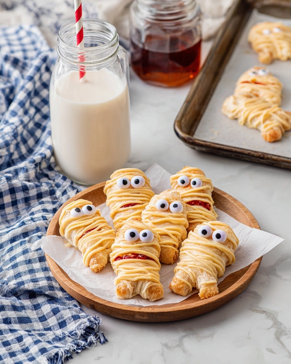 The image shows six mummy-shaped pastries on a round wooden plate lined with white parchment paper. Each pastry is golden brown with a slightly rough crust, wrapped with thin drizzles of creamy white icing creating a mummy bandage effect. They have two big candy eyes on top, giving them a fun, playful look. In the background, there is a clear glass bottle filled with white milk and a red and white striped straw inside. A baking tray with more mummy pastries is partially visible on the right, placed on a white marbled surface. A blue and white checkered cloth is folded and set behind the milk bottle. photo taken with an iphone --ar 4:5 --v 7