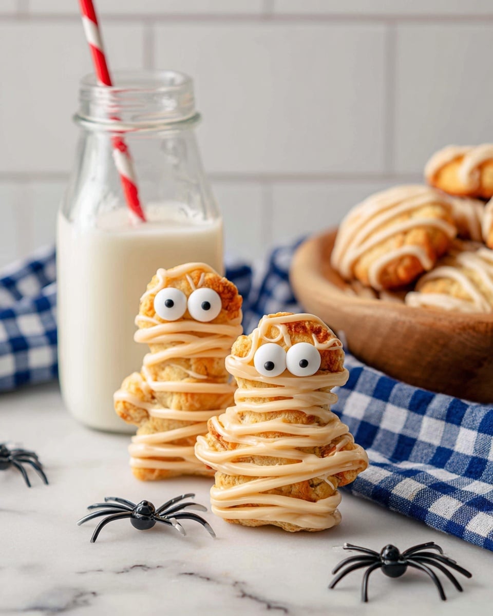 Two small pie cookies shaped like people stand side by side, each covered with thin strands of light tan icing that looks like it is wrapping them. Both pies have round white candy eyes with black pupils, giving them a surprised look. The pie edges are golden brown with crimped details, and a red filling can be seen peeking out between the layers. The pies are resting on a white marbled surface with three small black plastic spiders placed nearby. Behind the pies is a glass bottle filled with milk and a red and white striped straw. A blue and white cloth is slightly visible in the background. photo taken with an iphone --ar 4:5 --v 7