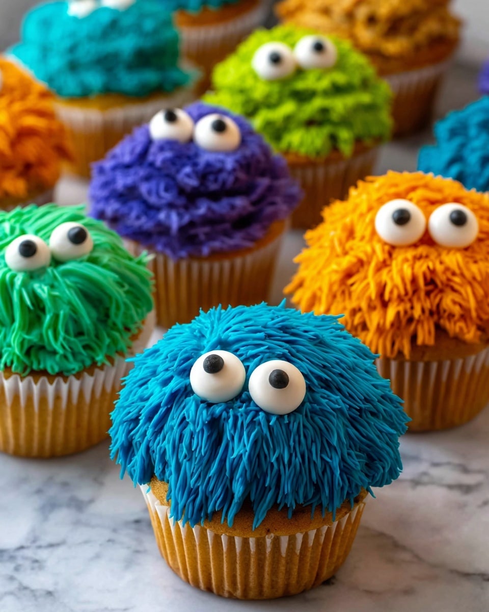 A group of cupcakes with golden-yellow bases each topped with a thick layer of bright colored frosting arranged to look like furry monsters. The frosting is piped in dense, stringy strands in blue, green, orange, and purple shades, placed on the top of the cupcakes to cover the entire surface. Each cupcake has two small white candy eyes with black pupils set near the edge of the frosting, and the blue monster in the front has a small white dot for a mouth. The cupcakes sit on a white marbled surface. Photo taken with an iphone --ar 4:5 --v 7