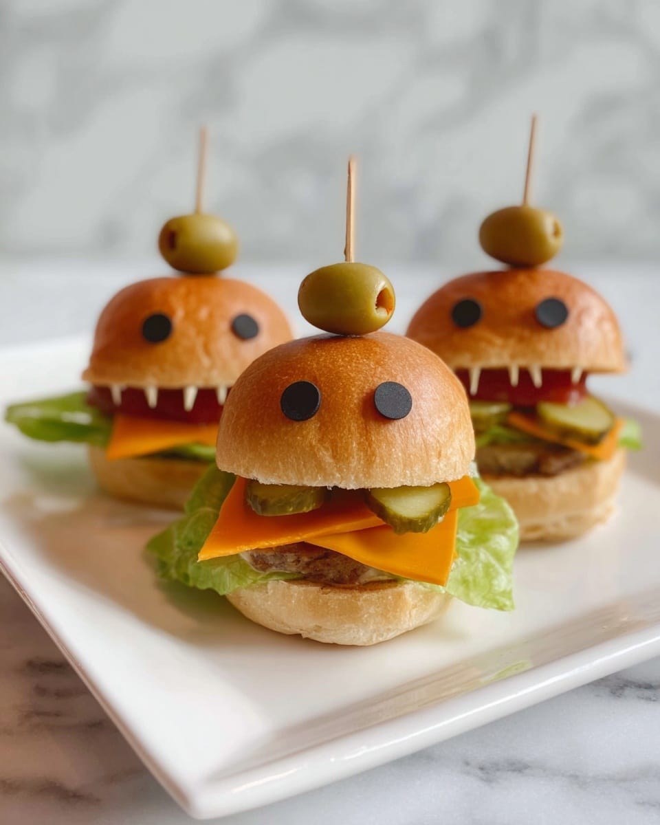 Three small sandwiches are placed side by side on a long white plate with light speckles. Each sandwich has a soft brown bun top, a layer of bright green lettuce, a thick slice of pickle sticking out from the front, a slice of orange cheddar cheese, and a drizzle of red ketchup on the cheese. Two green olives with dark centers are skewered with wooden sticks into the top of each bun, standing upright like antennae. The plate sits on a white marbled surface with a white tiled background. Photo taken with an iphone --ar 4:5 --v 7
