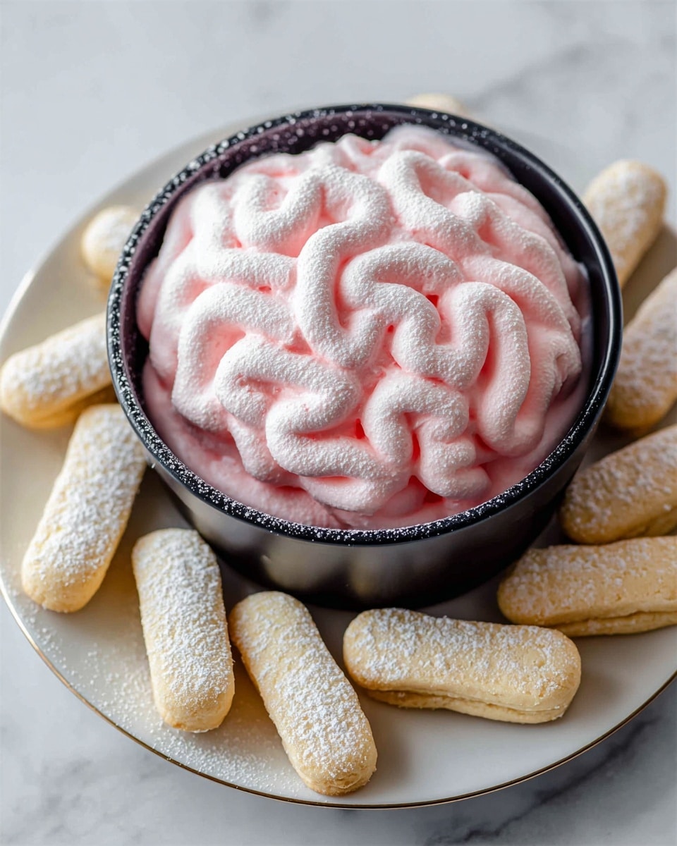 A small black round pot is filled on top with a thick layer of pink whipped cream swirled in a brain-like shape, showing smooth and puffy textures with darker pink streaks in the creases. The pot sits on a white plate that holds several long, pale yellow ladyfinger biscuits dusted with sugar, arranged around the base of the pot. The scene is set on a white marbled surface. photo taken with an iphone --ar 4:5 --v 7