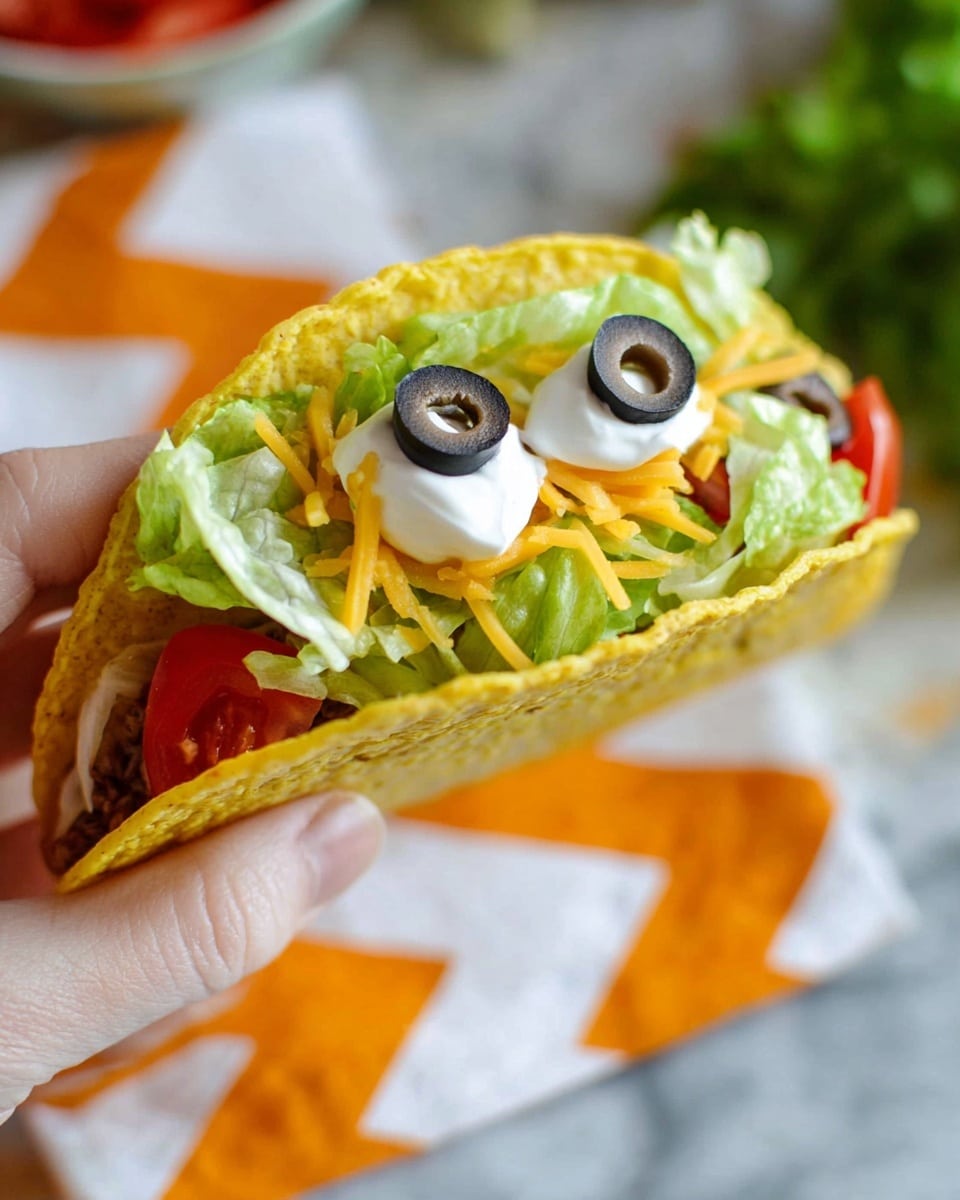 Four hard shell tacos are lined up on a long white plate placed on a white marbled surface with an orange and white zigzag cloth beneath it. Each taco has three layers: the bottom layer is browned ground beef, followed by a fresh green lettuce layer and small red tomato pieces, then a sprinkling of shredded yellow cheese. On top, dollops of white sour cream are placed, each topped with sliced black olives. Photo taken with an iphone --ar 4:5 --v 7