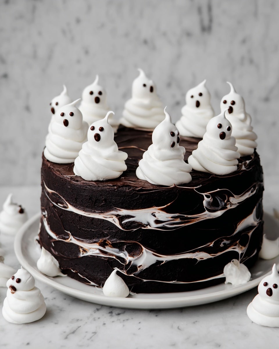 A round, two-layer dark chocolate cake sits on a white plate with textured white frosting spread unevenly around the sides, creating a messy look. On top are ten small white ghost-shaped meringues with pointed tops, each with two small eyes and an open mouth made of dark chocolate. Some white frosting strands are drizzled across the top of the cake like spider webs. Around the plate, there are extra ghost-shaped meringues placed on a grey surface, while the background changes to a white marbled texture. photo taken with an iphone --ar 4:5 --v 7