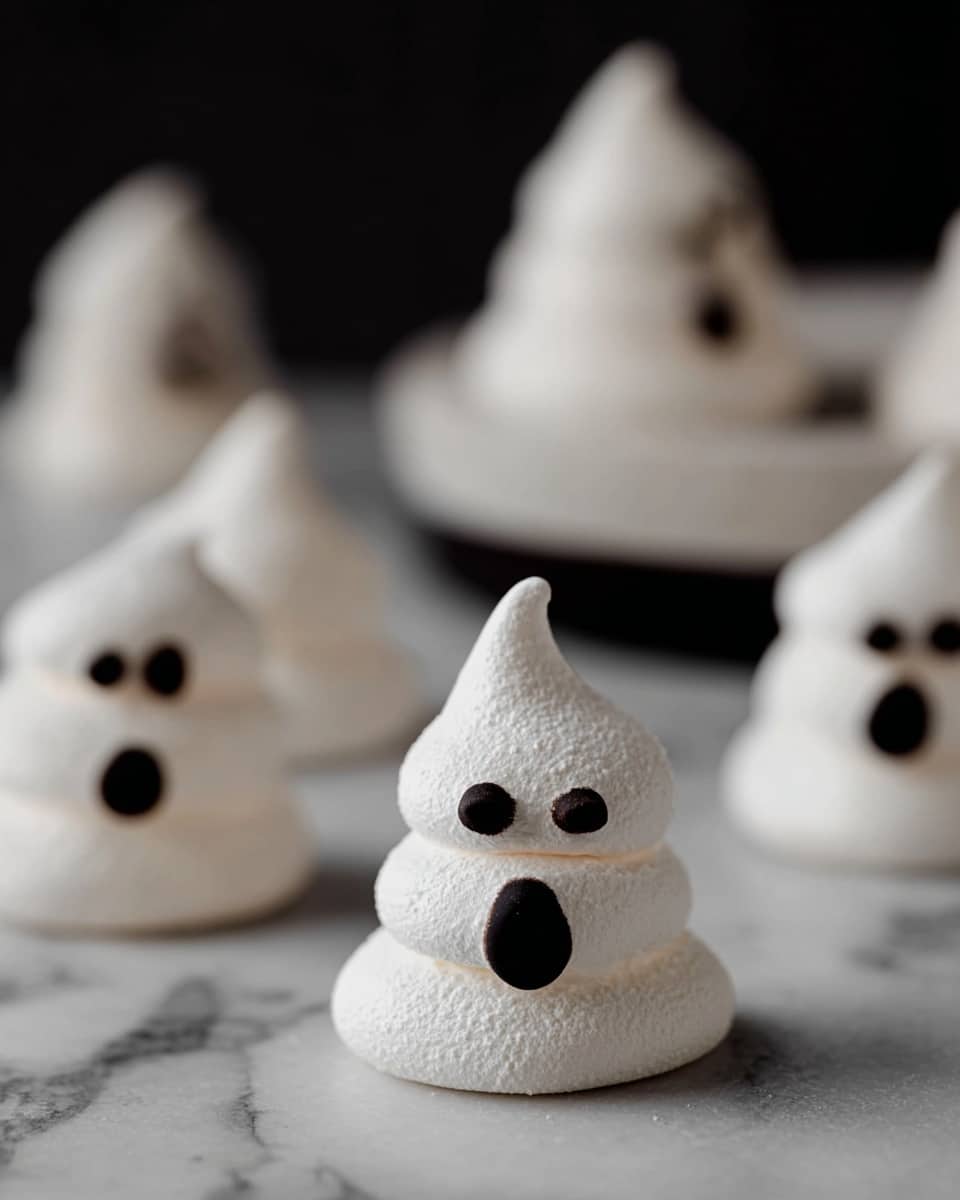 The image shows several small, white meringue shapes on a white marbled surface. Each meringue is piped in two round layers with a pointed top, creating a ghost-like figure. On the front layer of the closest meringue, two small black dots form eyes and a larger rounded black shape below acts as a mouth, making a surprised or scared face. In the background, other similar meringues are seen, some placed on a white plate, slightly out of focus. The texture of the meringues is light and airy with a slightly rough surface. photo taken with an iphone --ar 4:5 --v 7