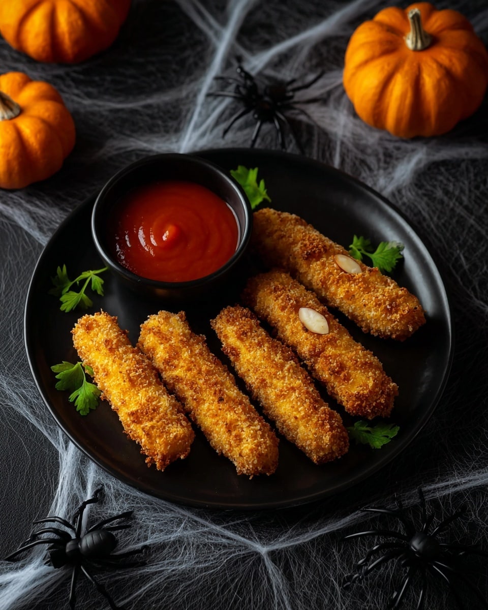 A white round plate on a white marbled surface holds five long, golden-brown crispy sticks lined up side by side. Each stick has a whole almond placed on one end and a small green leaf on top. Near the sticks, there is a small black bowl filled with smooth red sauce. Around the plate, black plastic spiders and two small orange pumpkins add a spooky touch, with white spider web decorations scattered in the background. photo taken with an iphone --ar 4:5 --v 7