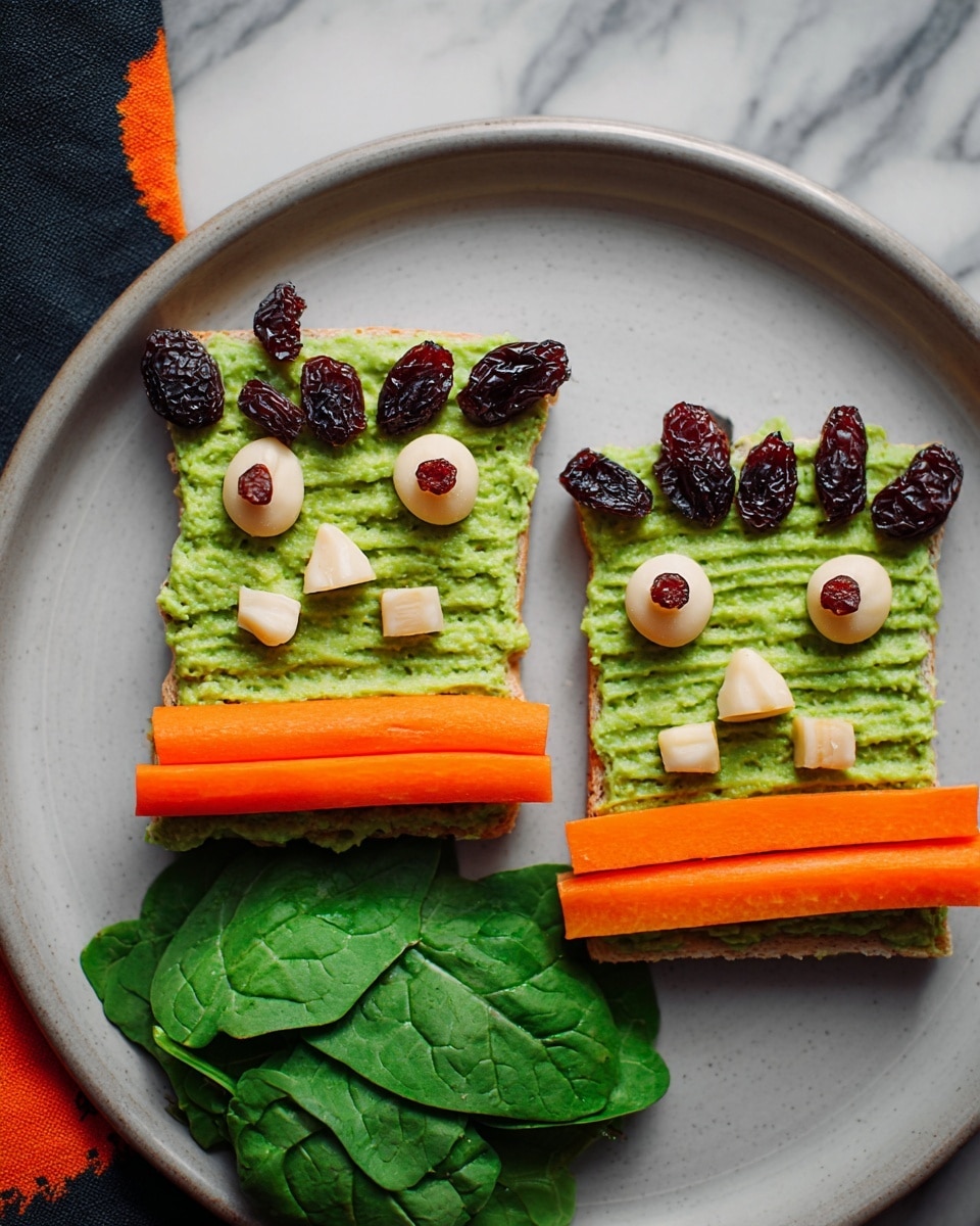 A close-up of a rectangular slice of bread topped with a thick, textured layer of green avocado spread that is smoothed with small ridges across its surface. On top of the avocado layer, there are small pieces of white banana placed in a row, each topped with a dark raisin. One end of the bread slice features a carrot stick placed horizontally, acting like a base, and the edge of a fresh green leafy salad is visible next to it. The slice and salad are placed on a white plate with a white marbled surface in the background. photo taken with an iphone --ar 4:5 --v 7
