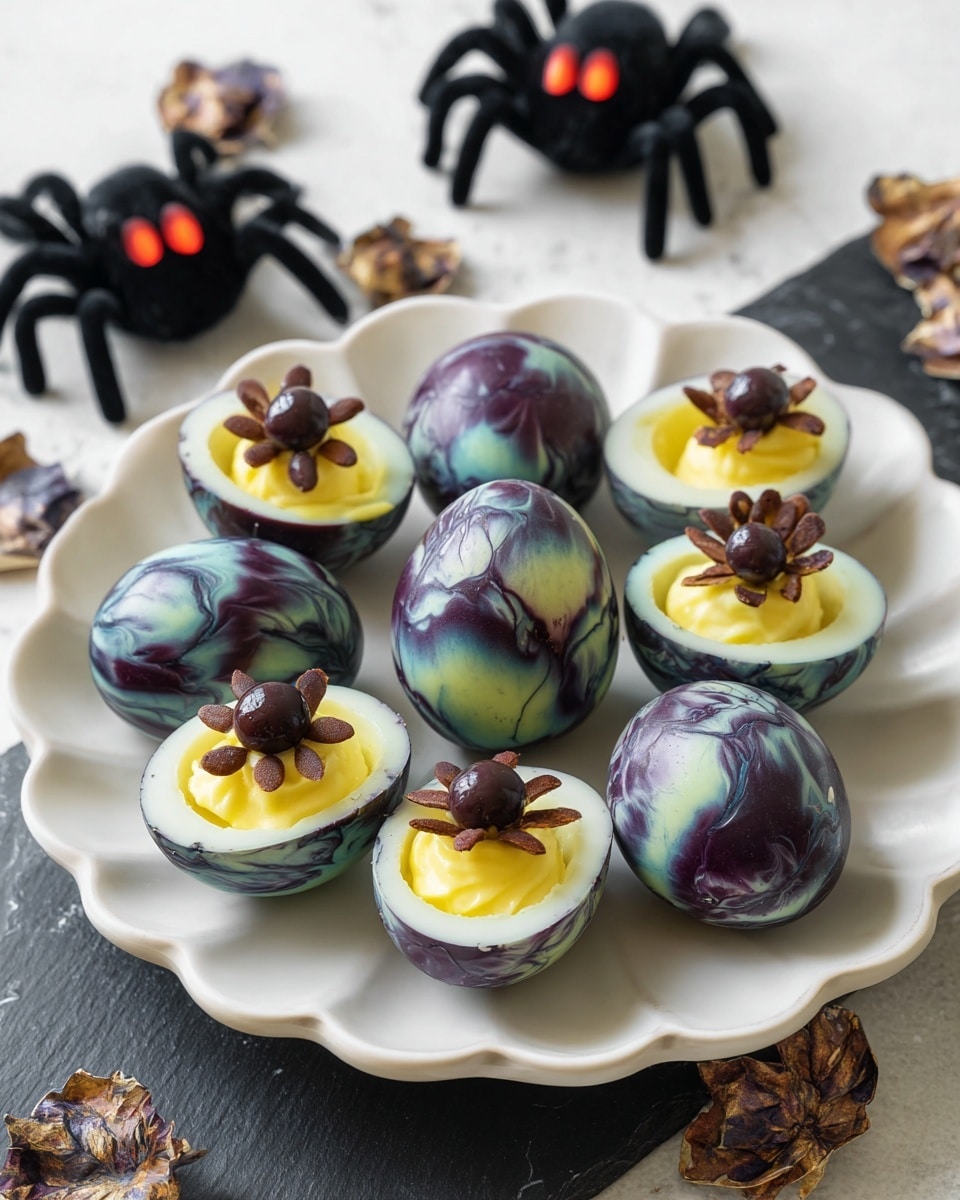 The image shows four slices of a pale green and purple marbled egg, each with three layers: a smooth pale green outer layer with purple veins, a white middle layer, and a yellow creamy filling that fills the hollowed center. Two of the eggs are decorated with a black olive in the middle, surrounded by sliced brown vegetable strips arranged like legs, topped with small black peppercorns near the olive to resemble a spider. These eggs rest on a round black plate with a rough texture, placed on a wooden surface. In the background, a white plate with other egg slices is slightly blurred, all set on a white marbled surface. Photo taken with an iphone --ar 4:5 --v 7