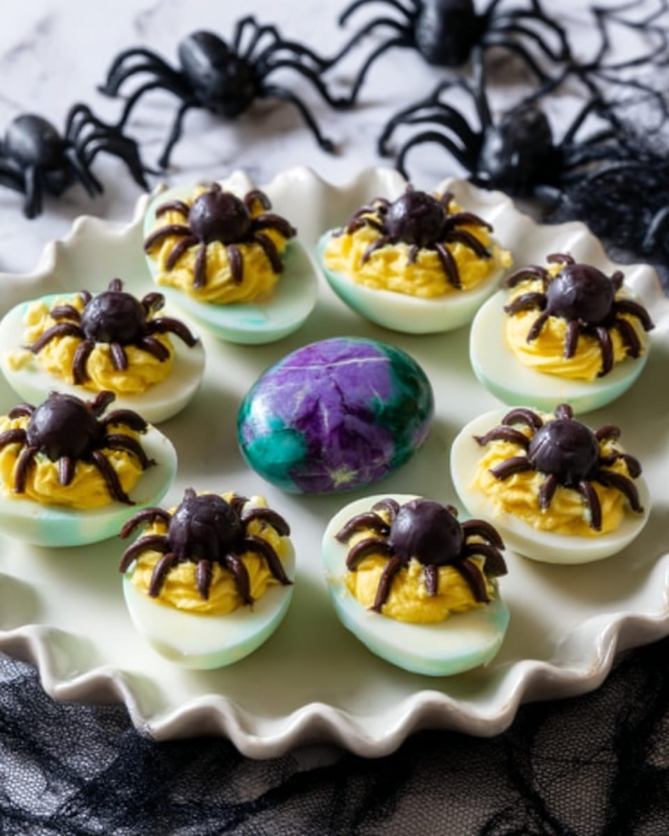 The image shows a white scalloped plate holding eight deviled eggs, each topped with a spider made from dark olives and pretzel legs, arranged in a circle. The deviled egg filling is light yellow, creamy, and smooth, with the spider's body placed on top. In the center of the plate is a painted stone that looks like a small spider egg with a purple and green cracked pattern. The plate sits on a white marbled surface, with two toy spiders blurred in the background. A woman's hand reaches in from the left side. Photo taken with an iphone --ar 4:5 --v 7