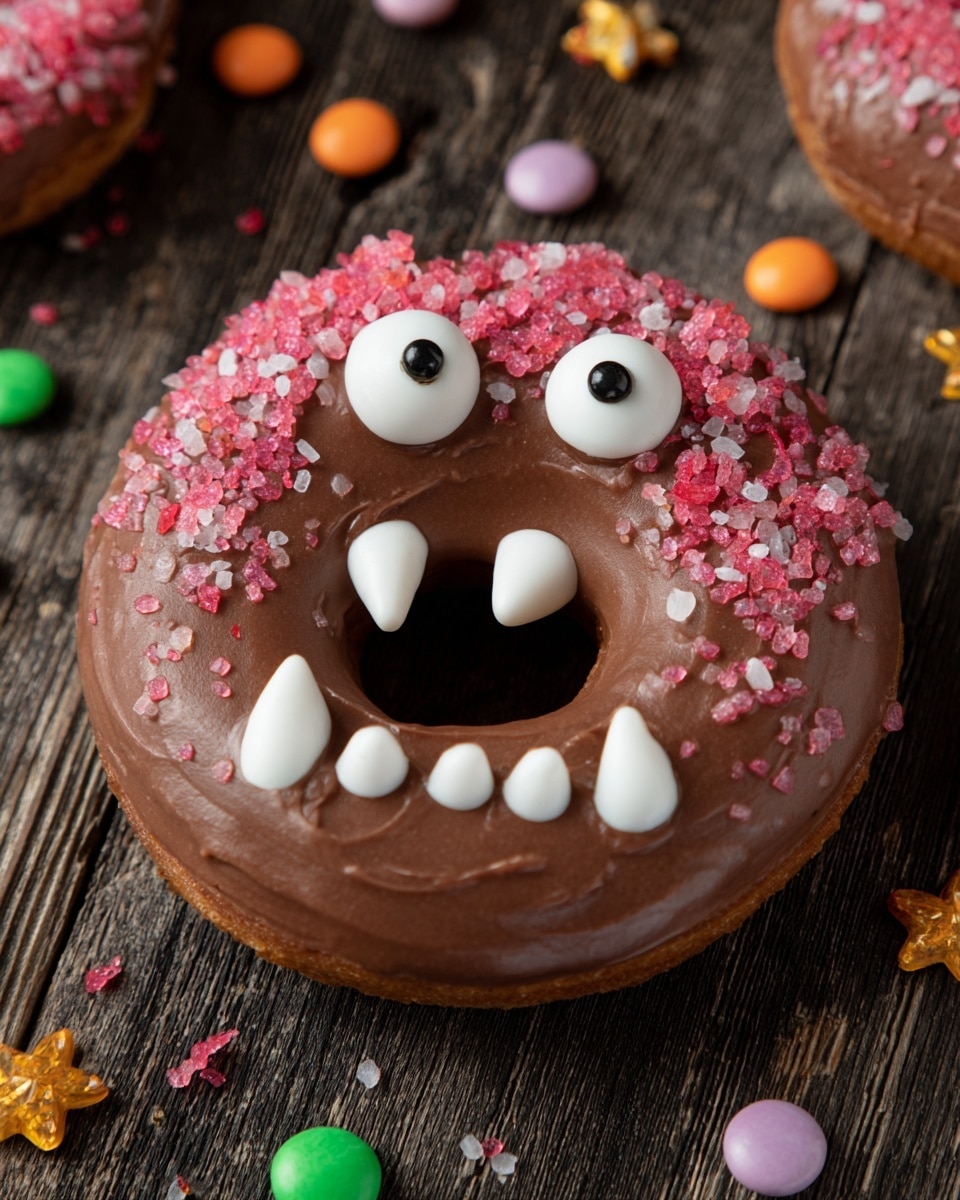 A single chocolate donut with a smooth, dark brown glaze covers the entire surface, decorated to look like a monster face. There are two white circular eyes with black centers placed near the top, surrounded by small round sprinkles in white, yellow, and light green, along with larger leaf-shaped sprinkles in orange, yellow, and gray. The mouth is created using white icing shaped into big fangs, positioned over the donut hole. The donut is placed on a wooden table with some colorful candy balls and fake eyeballs scattered around. Photo taken with an iphone --ar 4:5 --v 7