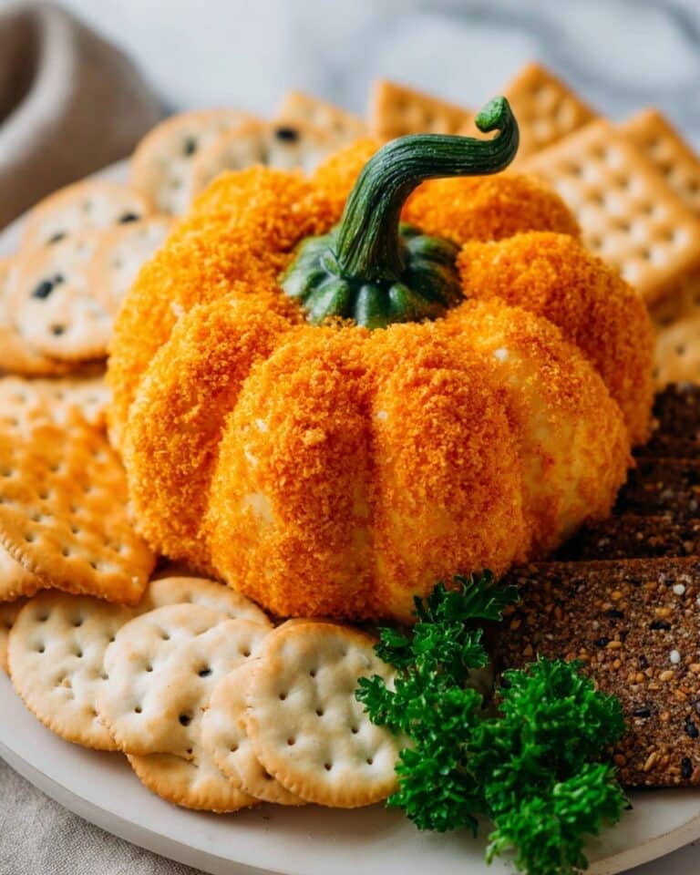 Pumpkin-Shaped Cheese Ball with Crackers and Bell Pepper Stem Recipe