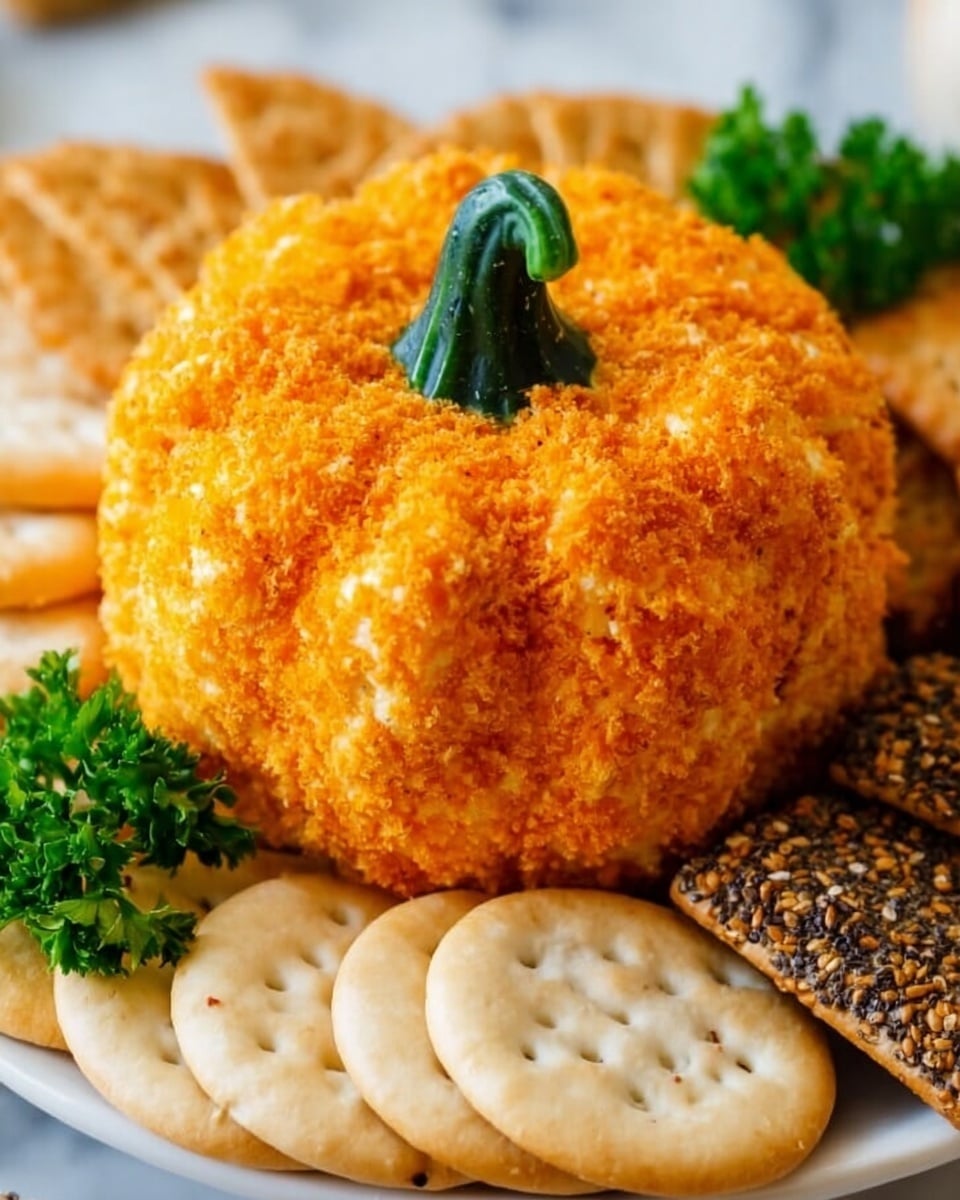 A round, bright orange dish shaped like a small pumpkin with a green stem on top, covered in a crumbly texture all over. It sits in the middle of a white plate with a white marbled surface underneath. Surrounding the pumpkin-shaped dish are different kinds of crackers, some light with black seeds and some darker toasted slices. A woman's hand is reaching for the crackers on the side. photo taken with an iphone --ar 4:5 --v 7