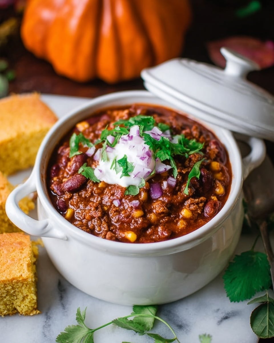 A white bowl with two handles is filled with thick chili, showing layers of brown ground meat, red beans, yellow corn, and dark red tomato sauce. On top, there is a dollop of white sour cream, sprinkled with small pieces of purple onion and fresh green cilantro leaves. The bowl sits on a white marbled surface covered partially by a cloth with fall-colored leaves. Around the bowl, there are three square pieces of golden yellow cornbread with a crumbly texture, one piece with a bite taken from it. Pine cones and a small white pumpkin are placed near the bowl, adding an autumn feel. A silver spoon is inside the chili. Photo taken with an iphone --ar 4:5 --v 7
