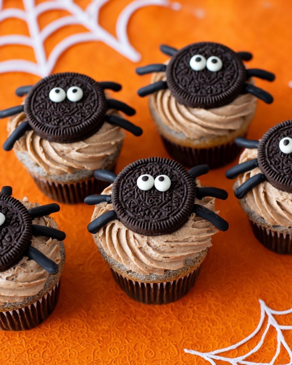 The image shows six cupcakes with two layers: the bottom layer is light brown cake, and the top layer is thick swirled light brown frosting. Each cupcake has a black Oreo cookie on top with two small white candy eyes, making the cookies look like spider faces. Black icing lines spread out from the Oreo cookies to look like spider legs. The cupcakes are arranged on a white marbled surface covered partly with fake white spider web decoration. The background is orange with spider web patterns. photo taken with an iphone --ar 4:5 --v 7