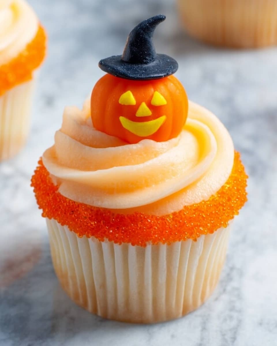 The image shows three cupcakes with a white paper liner and soft orange cake base. Each cupcake has a smooth, thick layer of white frosting swirled on top, with bright orange sugar crystals sprinkled on one side of the frosting. At the top center of each cupcake is a small, detailed pumpkin decoration made of smooth orange fondant with carved yellow eyes, nose, and mouth, all wearing a tiny black witch hat. The cupcakes sit on a soft, white cheesecloth fabric that adds texture and detail to the background, which is a white marbled surface. photo taken with an iphone --ar 4:5 --v 7