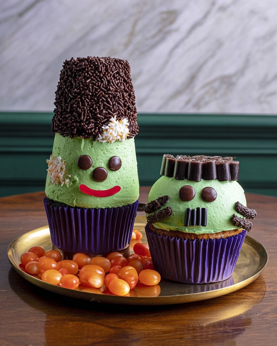 Two Halloween cupcakes are shown on a white marbled surface. The left cupcake has a purple wrapper with a green frosting layer covering the top, decorated with two round chocolate candies as eyes and a small red smile below. On top, there is a tall, cone-shaped layer covered in chocolate sprinkles with a white patch, resembling a witch's hat, placed on a small black stand. The right cupcake, also with a purple wrapper, has a round green frosting covering the top, decorated with two round chocolate candies for eyes, a small black smile, short black licorice pieces on each side mimicking bolts, and red icing on one side representing a stitch. The top edge is lined with chocolate sprinkles and black drizzle. Both are placed on a white tray filled with small orange candy pieces. Photo taken with an iphone --ar 4:5 --v 7