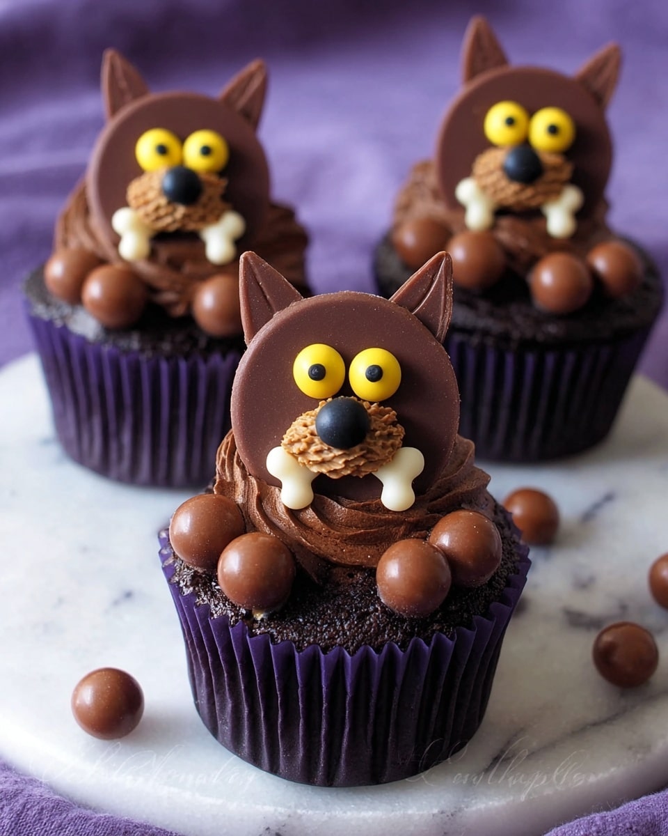 Three chocolate cupcakes are shown on a white marbled surface with a purple cloth as background. Each cupcake has a dark brown cake base in a white paper liner. The top layer is dark chocolate frosting shaped like a bear's face and paws. The bear's face consists of a large circular chocolate piece darker around the edge, with two yellow and black candy eyes, a small round dark chocolate nose, and white candy teeth below the nose. The bear's paws are made with round chocolate balls placed on the frosting, and each paw holds a small white candy shaped like a bone with red dots. Photo taken with an iphone --ar 4:5 --v 7