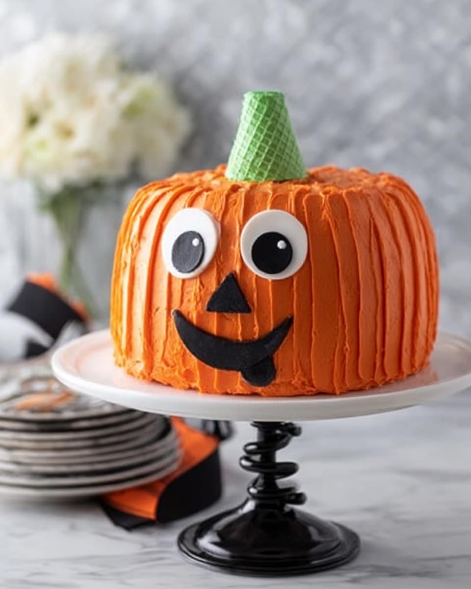 The image shows a cake shaped like a pumpkin with bright orange frosting and visible textured lines to mimic the pumpkin surface. On top, there is a green ice cream cone placed upside down, acting as the pumpkin stem. The face on the pumpkin consists of two large white circular eyes with black pupils, a black triangular nose, and a wide, smiling black mouth. The cake sits on a black cake stand with a twisted stem, placed on a white marbled surface. In the background, there are white plates stacked and a jar wrapped with an orange and black striped ribbon holding white flowers. photo taken with an iphone --ar 4:5 --v 7