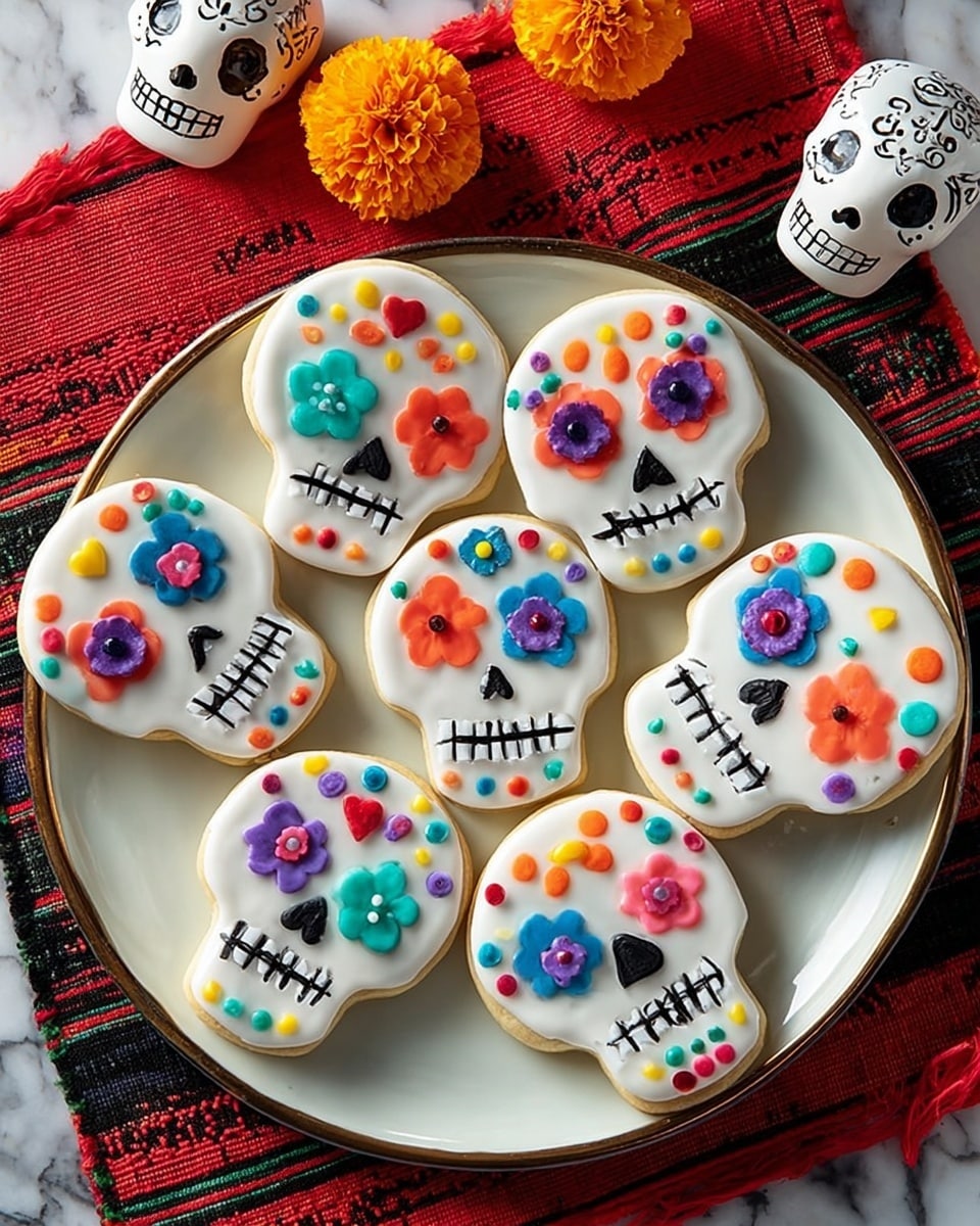 The image shows six white sugar skull-shaped cookies on a white plate with a textured rim. Each skull has a smooth white icing base and is decorated with colorful candy and icing details: round candies form eyes, cheeks, and borders, while piped black icing shapes the mouths with teeth. The eyes are bright with heart, star, and flower candies in pink, red, green, and blue. Some skulls have red and white peppermint candies as eyes. Additional decoration includes small candy dots, flower shapes, and teardrop candy pieces in colors of yellow, orange, purple, blue, and green. The plate is set on a white marbled surface with a colorful woven cloth partially visible underneath. Two small white decorated skull decorations and orange marigold flowers add a festive touch around the plate. Photo taken with an iphone --ar 4:5 --v 7