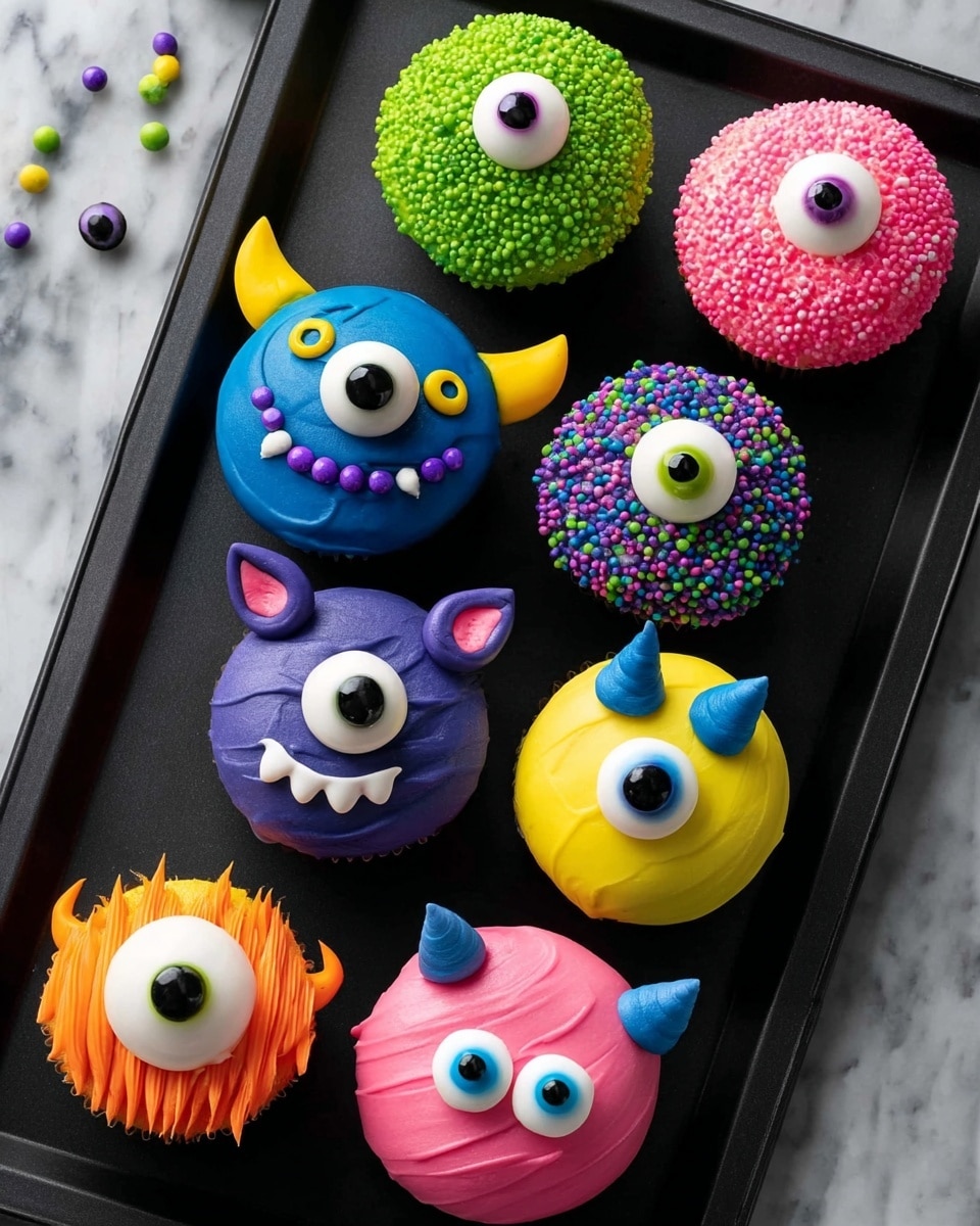 This image shows nine round cupcakes decorated like colorful monster faces arranged on a black rectangular tray sitting on a white marbled surface. The top cupcake is blue with one large white eye in the center with a yellow pupil and two small yellow horns on top. To its right is a green cupcake covered halfway with green sprinkles and a single large eye with a blue pupil. Below the blue cupcake is a pink one with a large green eye and pink sprinkles covering half of it. Next to it, a pink cupcake with a large yellow eye, black eyelash shapes above and a black eyelid line below. To the right is an orange cupcake with a green eye, orange spikes around the edge, and orange hair-like decoration on top. Below these, a purple cupcake with a large white eye, black round pupil, and purple round sprinkles all around it. Next to that, a blue cupcake with three small white eyes, black lashes and eyebrows, a blue nose, and two blue ears sticking out. Below this blue cupcake, a green cupcake with three small white eyes, black lashes and green ears, with a green nose. Finally, to the right is a pink cupcake with one large white eye with a yellow pupil, blue eyelids, and a blue hair-like decoration on top. The image is sharp and clear, photo taken with an iphone --ar 4:5 --v 7