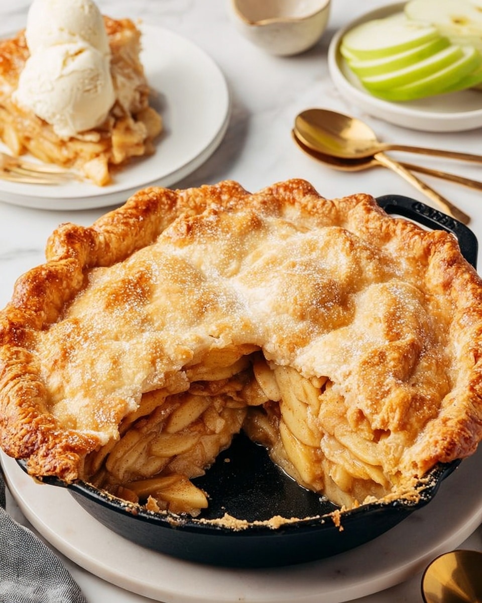 A golden brown apple pie with a flaky crust sits in a black pan on a white marbled surface. The pie has a thick top crust with a slightly uneven, crumbled texture and a shiny, sugar-coated finish. One slice is removed, showing two thick layers inside: the top layer made of soft, cooked apple pieces with a warm brown color and the bottom layer with a dark, syrupy filling. Nearby is a white plate with a slice of the pie topped with a scoop of vanilla ice cream, and a woman's hand holding a fork ready to eat. Around the scene are gold spoons, cinnamon sticks, and green apple slices on the white marbled background. Photo taken with an iphone --ar 4:5 --v 7